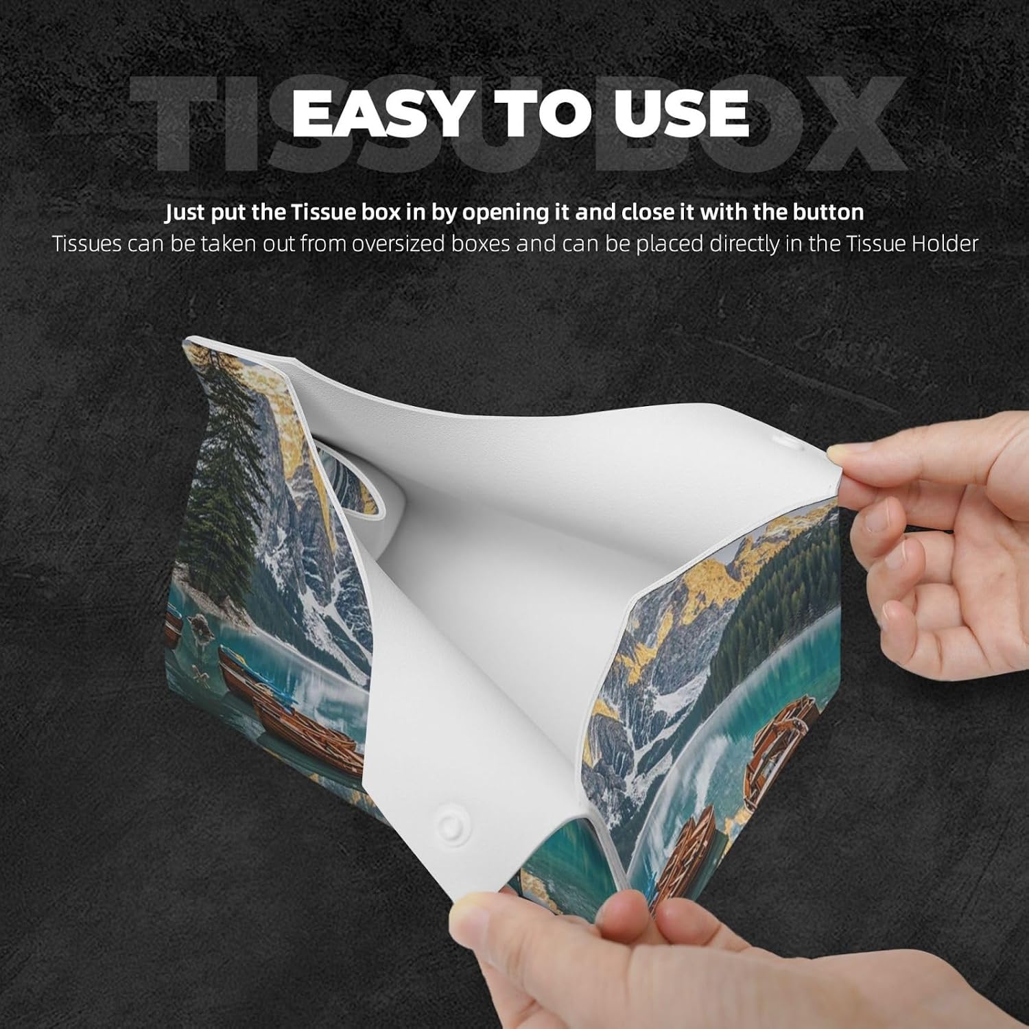 Decorative Tissue Box Cover Mountain Lake Boats Tissue Box Holder Aesthetic Leather Storage Organizer Box for Bathroom Vanity Tabletop Night Stands Office Funny Home Decorative Tissue Case image 3