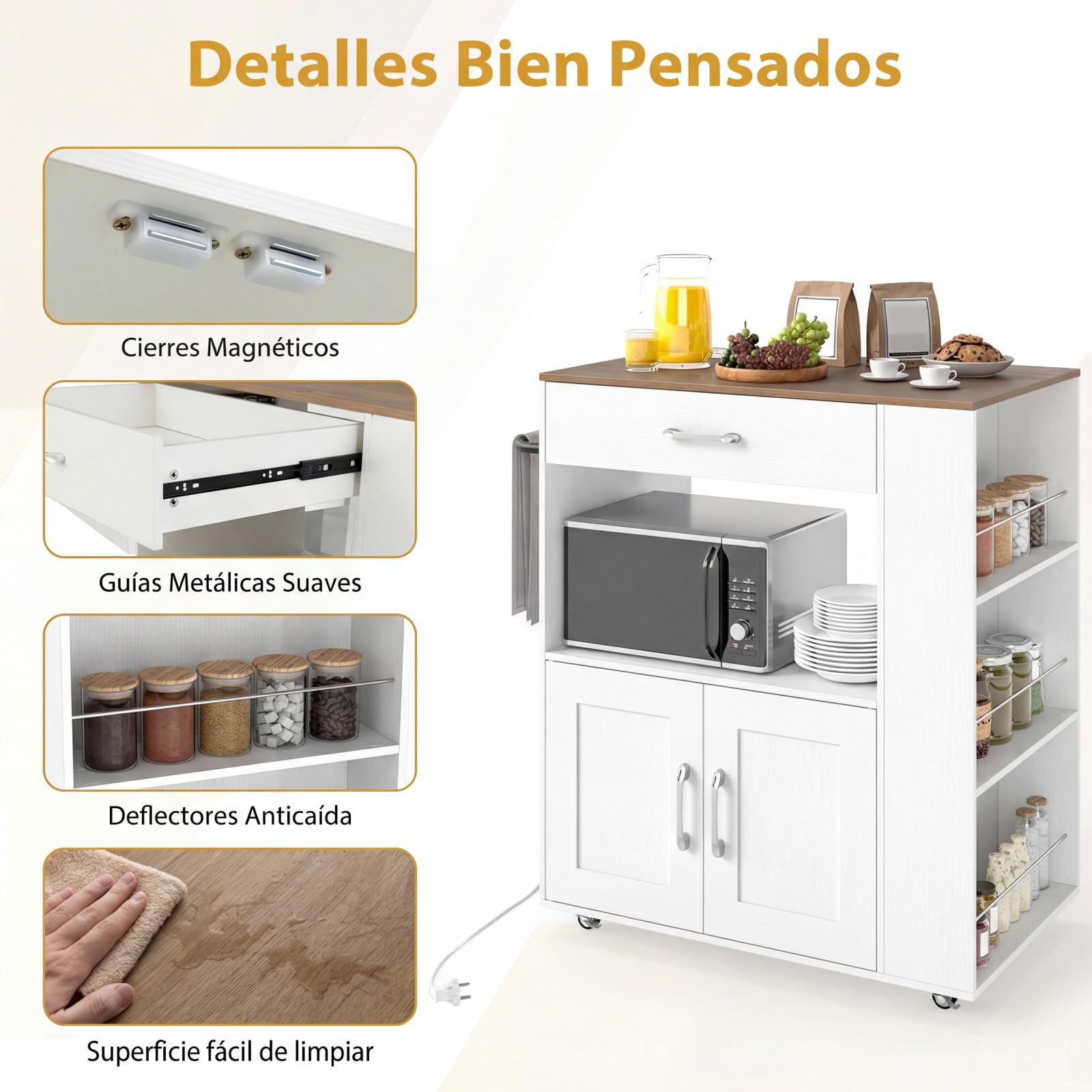 COSTWAY Carrito de Cocina con Ruedas y Estación de Carga, Armario de Sevicio Rodante con 3 Estantes Abiertos y un Cajón, Armario Grande de 2 Puertas (75 x 46 x 90,5 cm con Eschufe, Blanco)