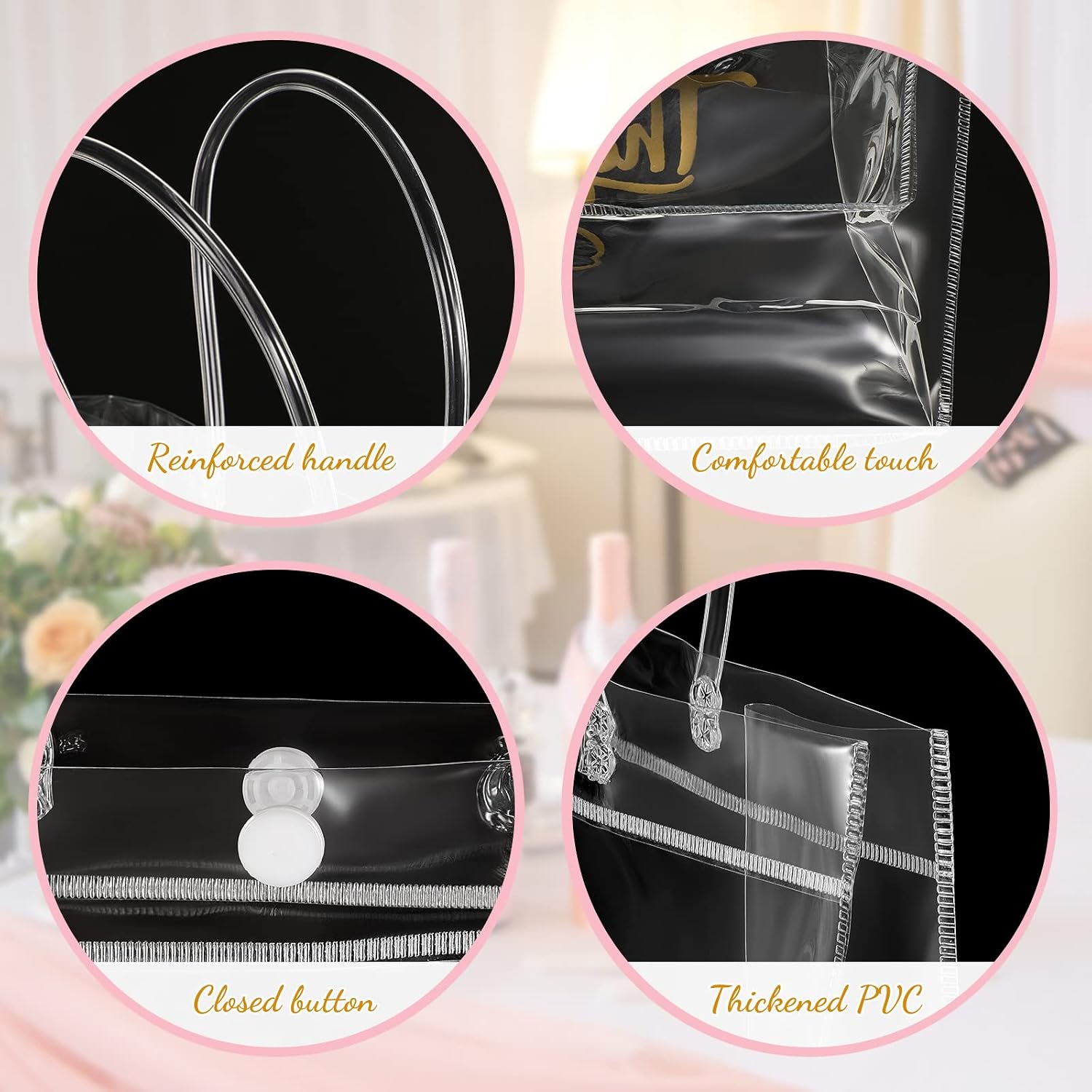 Leinuosen 50 Pcs Clear Gift Bags with Handles 9.8 x 9.8 x 3.5 Inch Transparent PVC Thank You Totes Reusable Goodie Favor Party Supplies for Wedding Baby Shower Birthday Small Business Gifts(Clear)