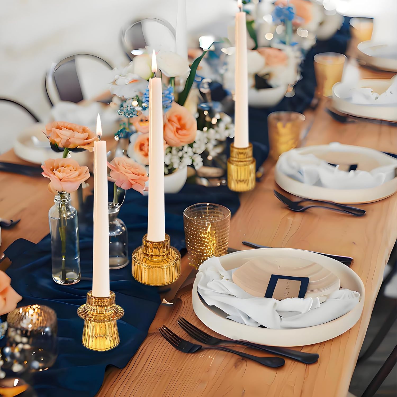 Double Sided Vintage Ribbed Taper Glass Candle Holders,Tea Candle Holder for Table Centerpieces, Wedding Decorations and Dinner Parties (Amber, 3 PCS) - Image 7