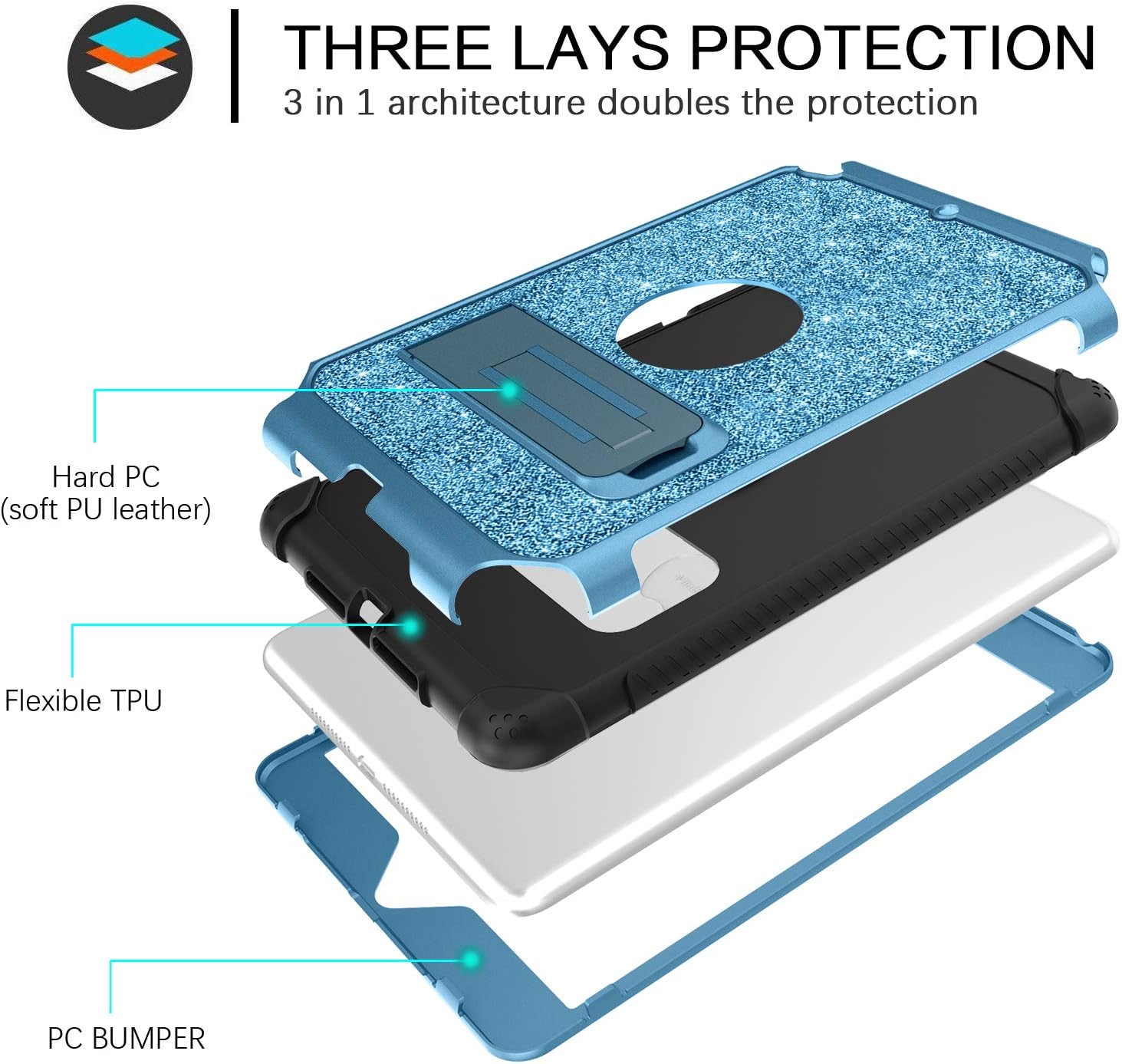 Suреr Brаndѕ BENTOBEN iPad Mini 5 Case, iPad Mini 4 Case, Glitter Sparkly 3 Layers Heavy Duty Rugged Shockproof Kickstand Sturdy Leather Protective Tablet Cover for Apple iPad Mini 5 / iPad Mini 4, Blue