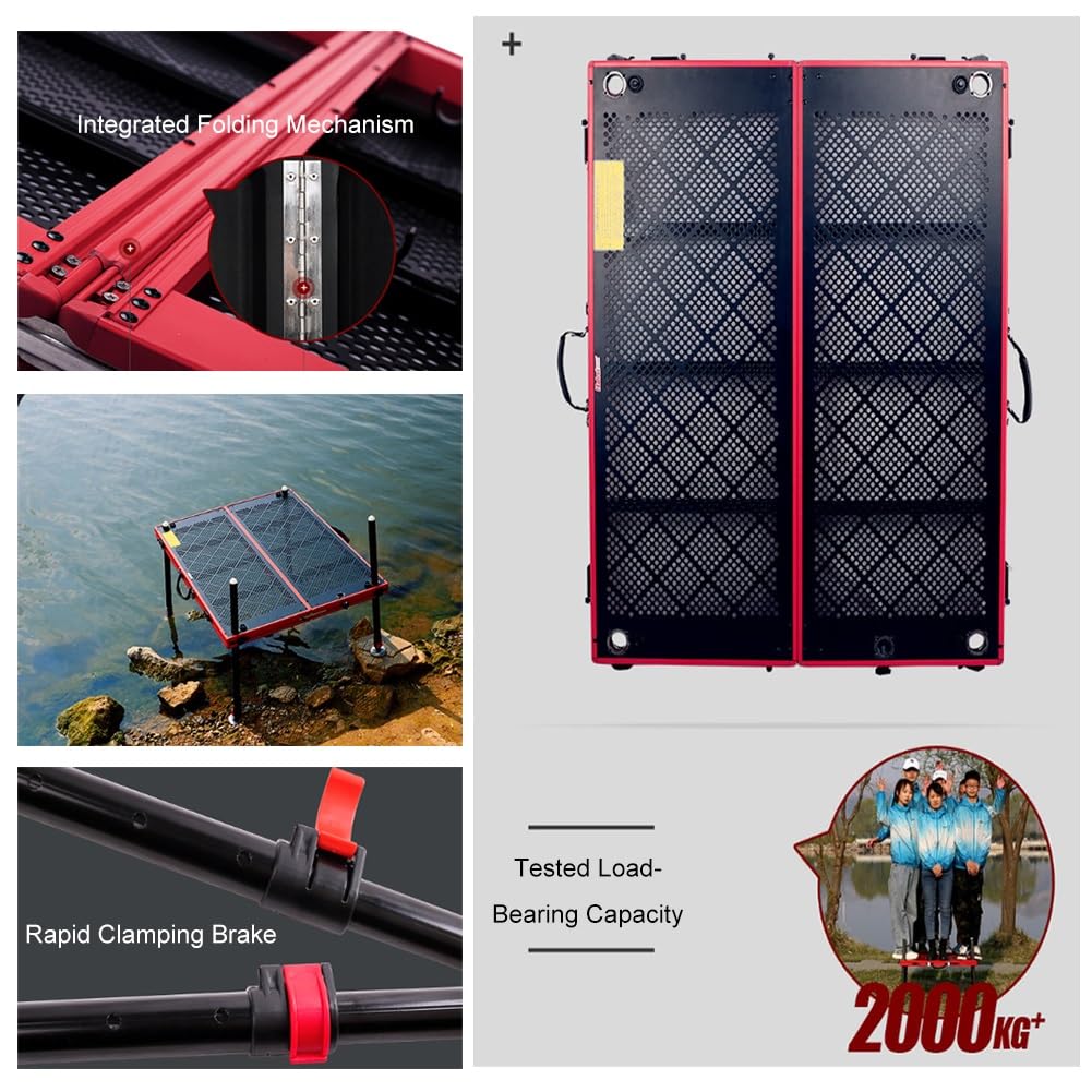 Piattaforma da Pesca in Lega di Alluminio ad Altezza Regolabile for Tutti i Terreni - Dock Portatile Pieghevole con Superficie Antiscivolo(100x90cm)