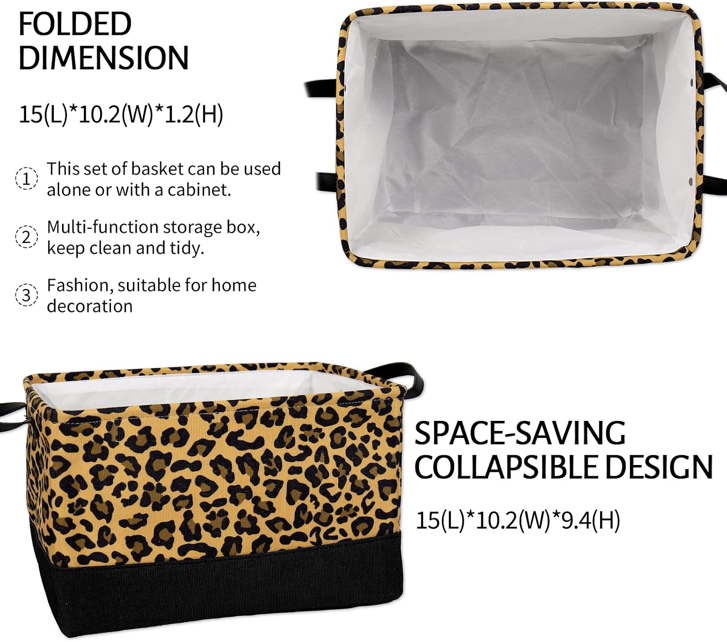 Whaline 2 Pcs Cheetah Print Rectangle Storage Basket Black Leopard Open Toy Organizer Bag 15 x 10.2 x 9.4 Inch Large Laundry Dirty Cloth Storage Bin for Bedroom Closet