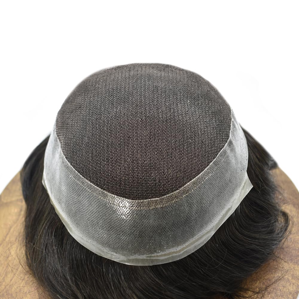 Toupee For Men Hair Replacement System Soft Swiss Lace Mens Toupee Hair System For Men Hair Piece Real Human Hair Hand Tied Men Hair System 7x10''-120% medium density, 1B# OFF BLACK