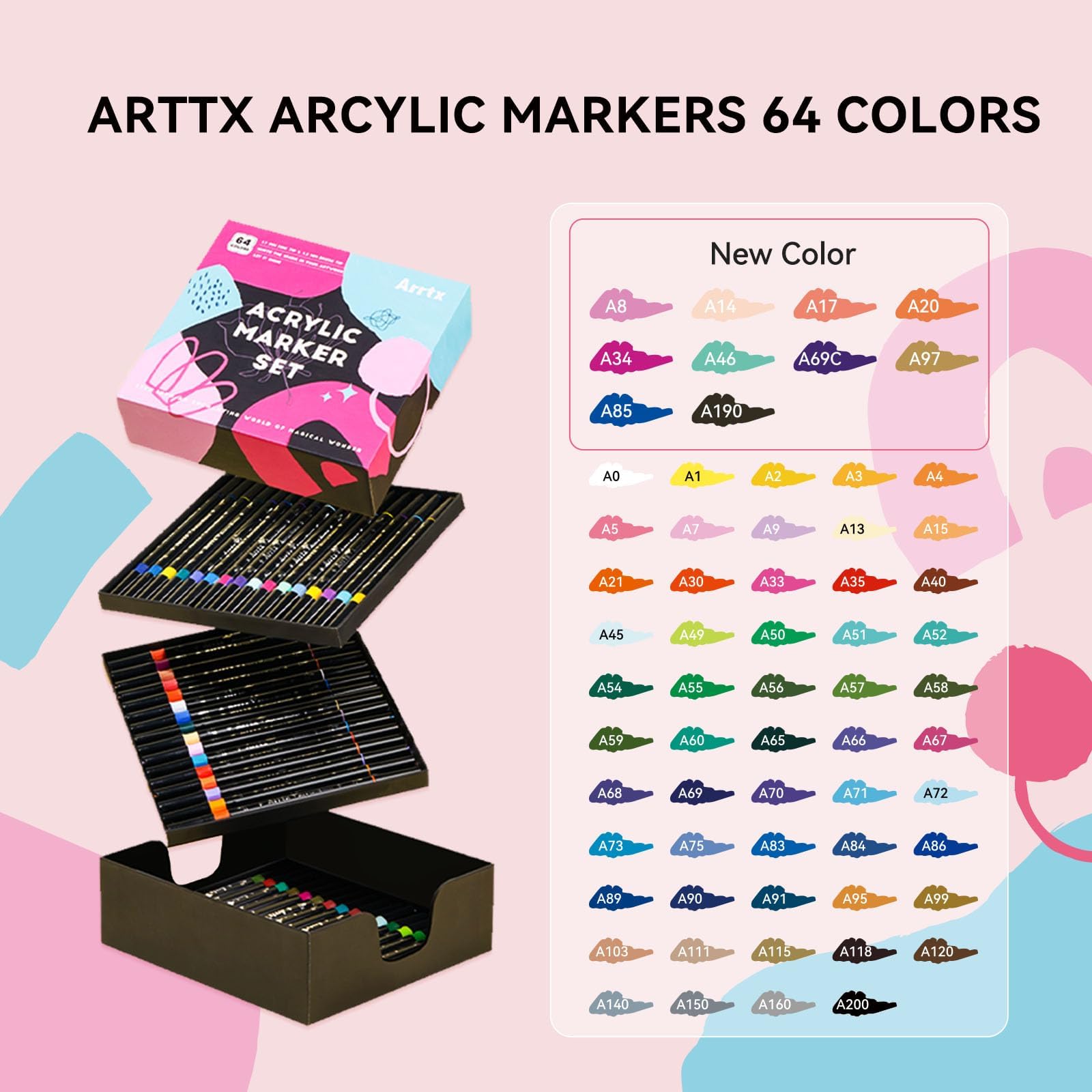 Arrtx 64 Colori Pennarelli di Vernice Acrilica, Pennarelli di Vernice Acrilica a Doppia Punta per Pittura su Rocce, Legno, Ceramica, Tessuto, Vetro, Tela, Plastica, Pietra e Artigianato Fai-da-te