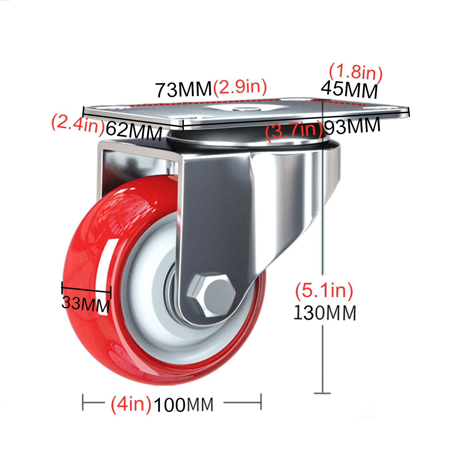 Ruote girevoli per mobili Resistenti, Portata 180 kg, Ruote piroettanti in Poliuretano Rosso con Piastra, Diametro 4" (100 mm), Ruote piroettanti con Freno per carrelli e mobili.