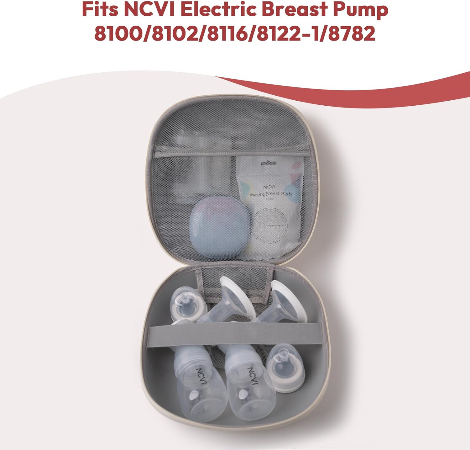 NCVI Breast Pump Carrying Case for Pump Parts and Bottles, Portable Wearable Pump Travel Bag Organizer for Working Moms, Durability Hard Shell, Interior with 3 Compartments through Mesh Bag, Beige