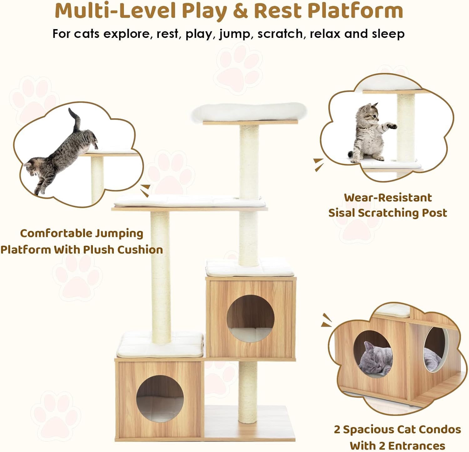 review Arlopu Modern Wooden Cat Tree Tower, Large Cat Condo Furniture with Multi-Layer Platform, 55.6