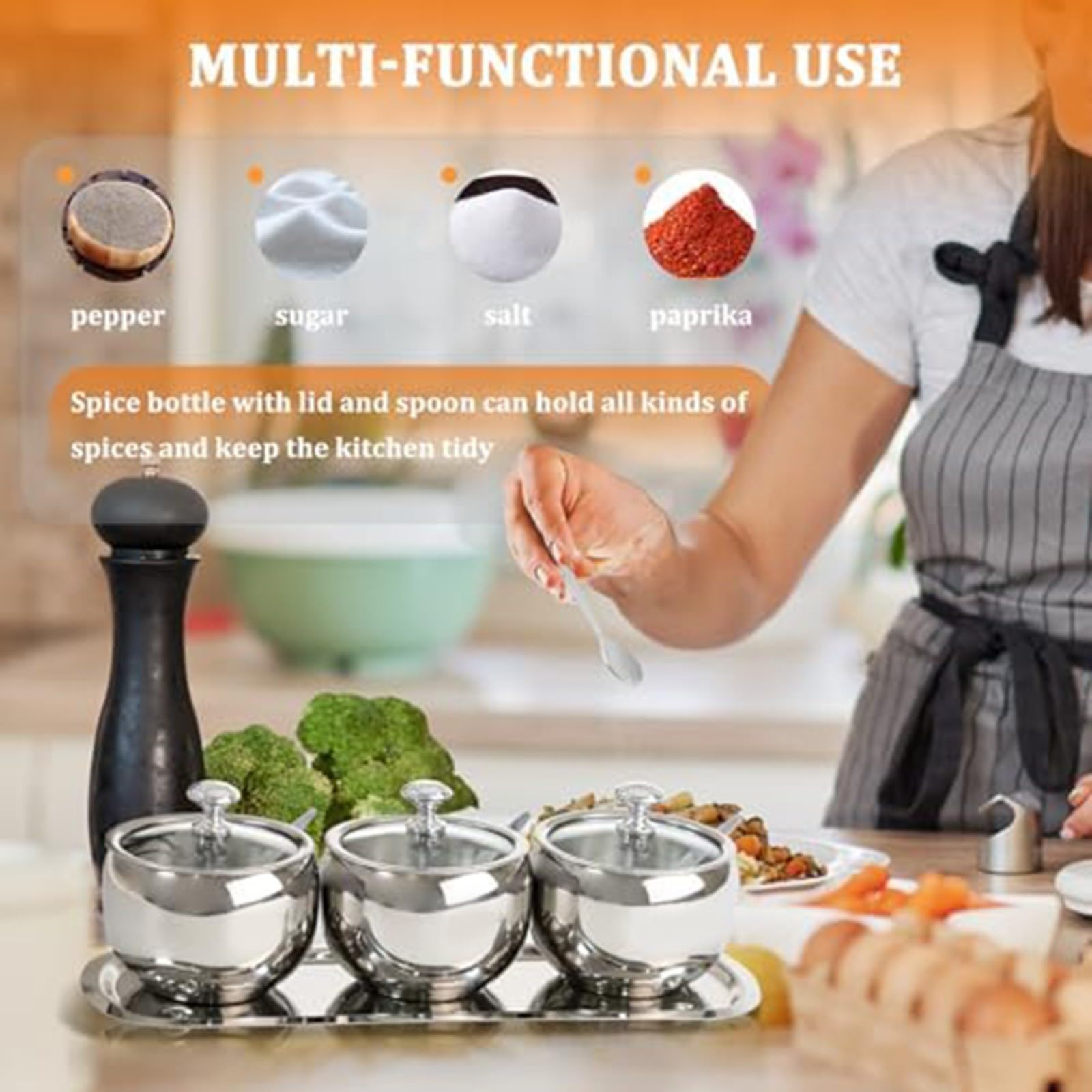 Zuckerdosen-Set aus Edelstahl mit Löffel und Tablett, 3 Fächer, Gewürz-Organizer für Salz und Gewürze, 300 ml, Küchenbehälter, Silber (drei)