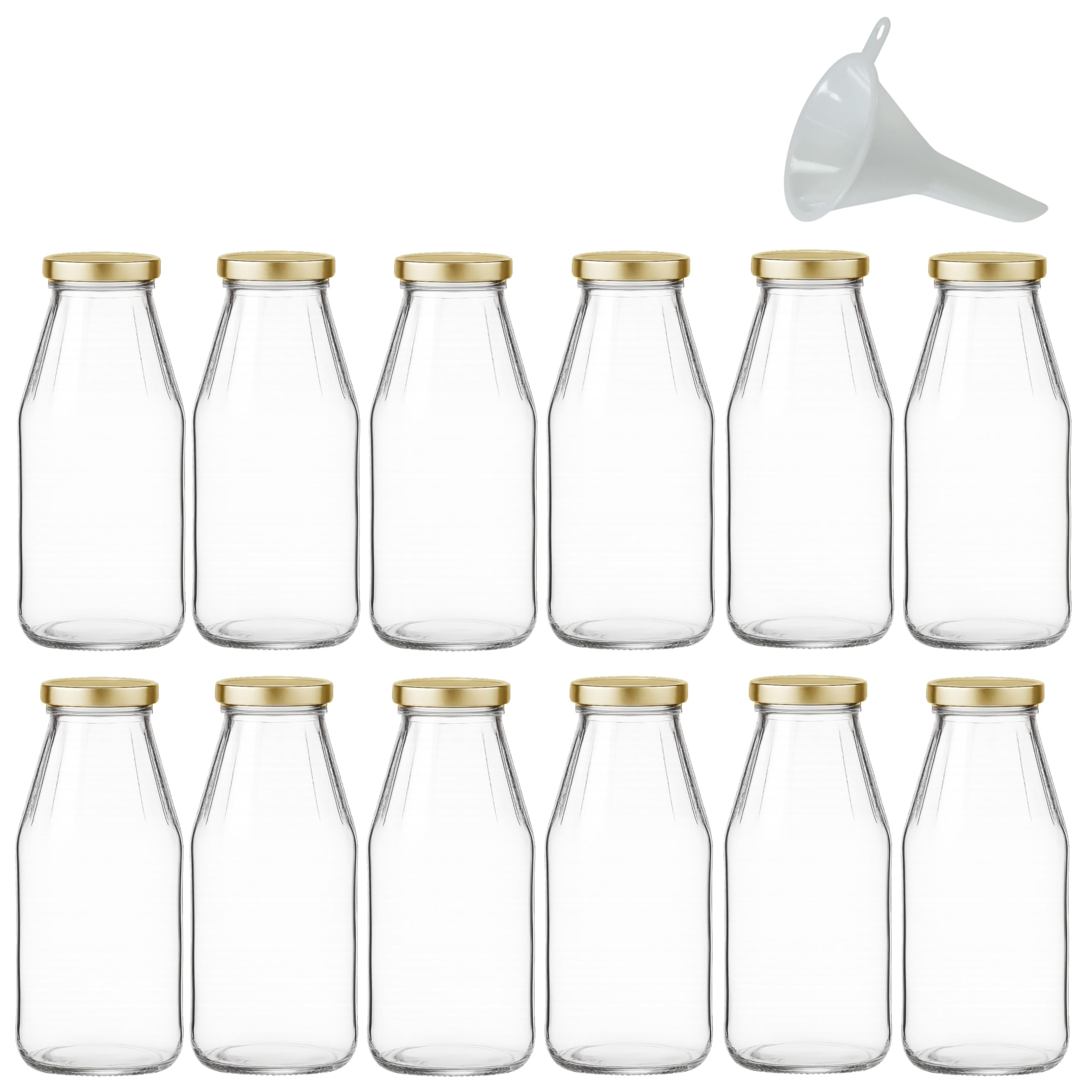 mikken 12 x szklana butelka 500 ml, butelka z zakrętką złota wraz z lejkiem