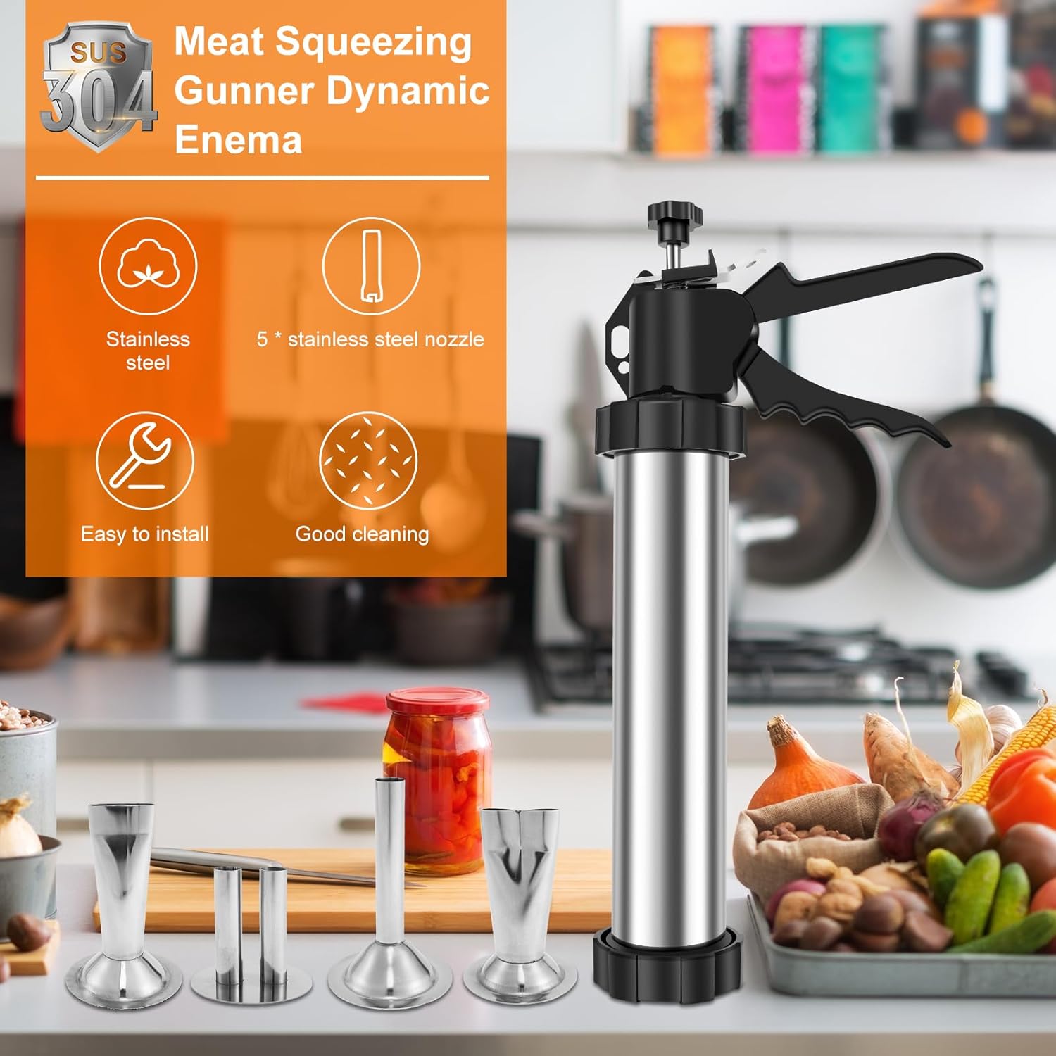 US Sausage Stuffer Kit Manual Stainless Steel Jerky Maker Kit Easy Cleaning Large Capacity Jerky Stuffer Kit With Thickened Aluminum Handle for Home Kitchen(Style 1)