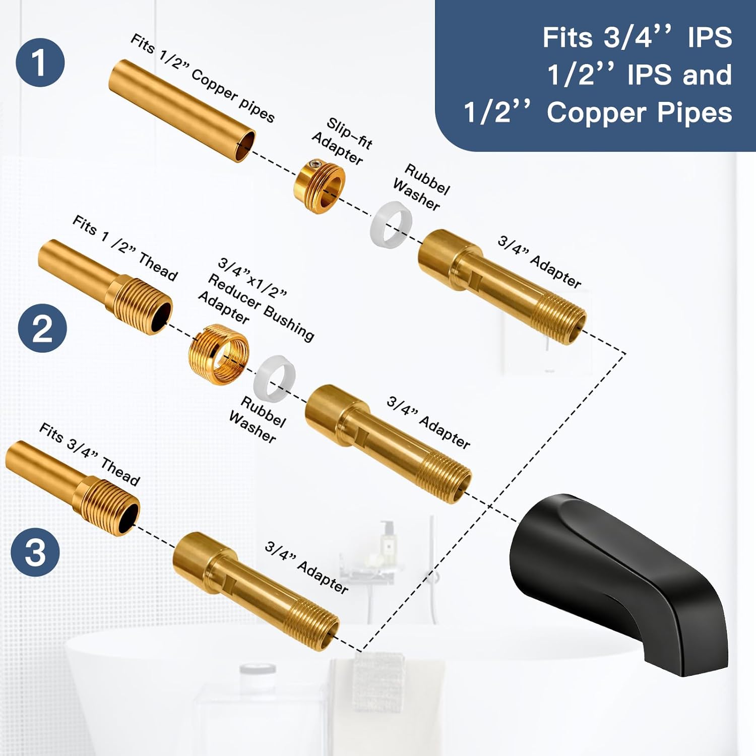Matte Black Bathtub Spout Without Diverter, All Metal,5.3 Inch Tub Spout, Fits 1/2" Copper Slip-On and 1/2" or 3/4" IPS Threaded Pipes, Leak-Free, Slip Fit Tub Spout Without Diverter