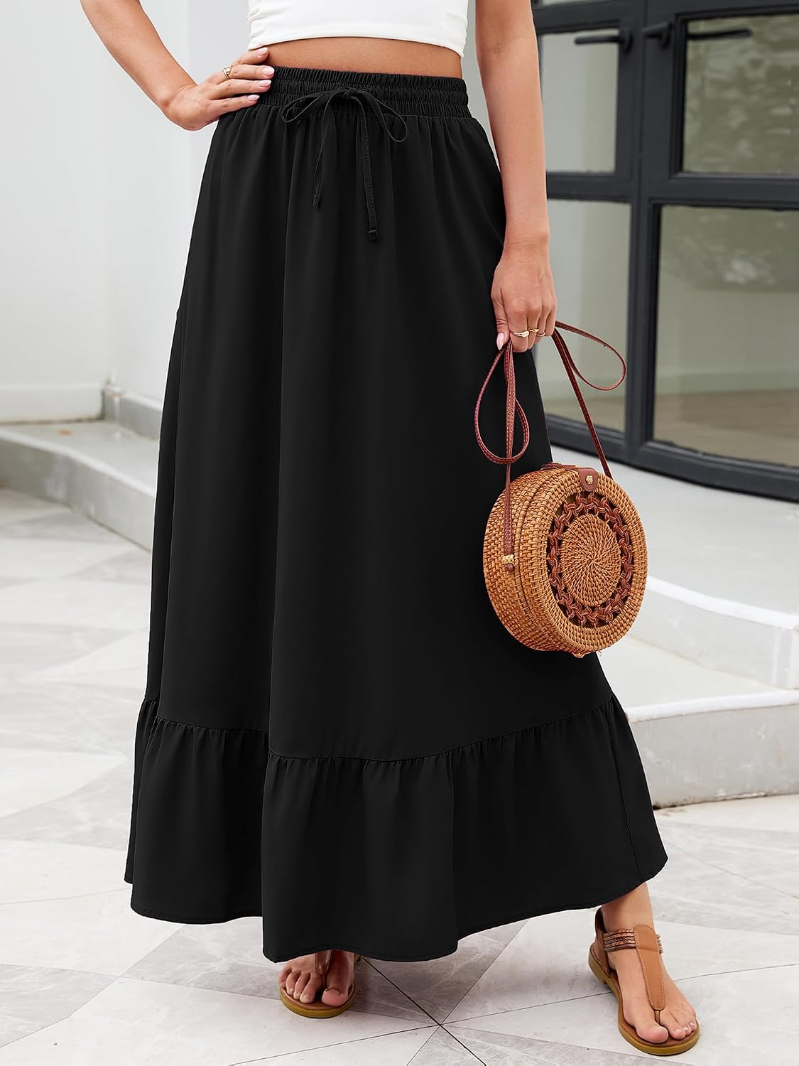 Heymoments Maxi Skirts for Women High Waisted Flowy 2026 A Line Cute Pleated Casual Beach Long Skorts with Pockets