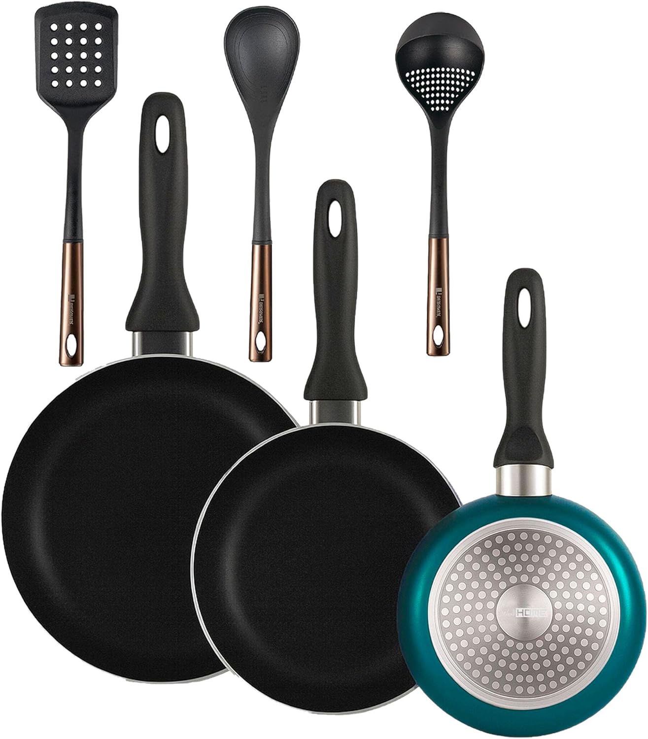Well Home 3-Piece Set Diameter 16 x 20 x 24 cm Pressed Aluminium in Metallic Blue + 3-Piece Kitchen Utensil Set Made of PBT Black and Copper