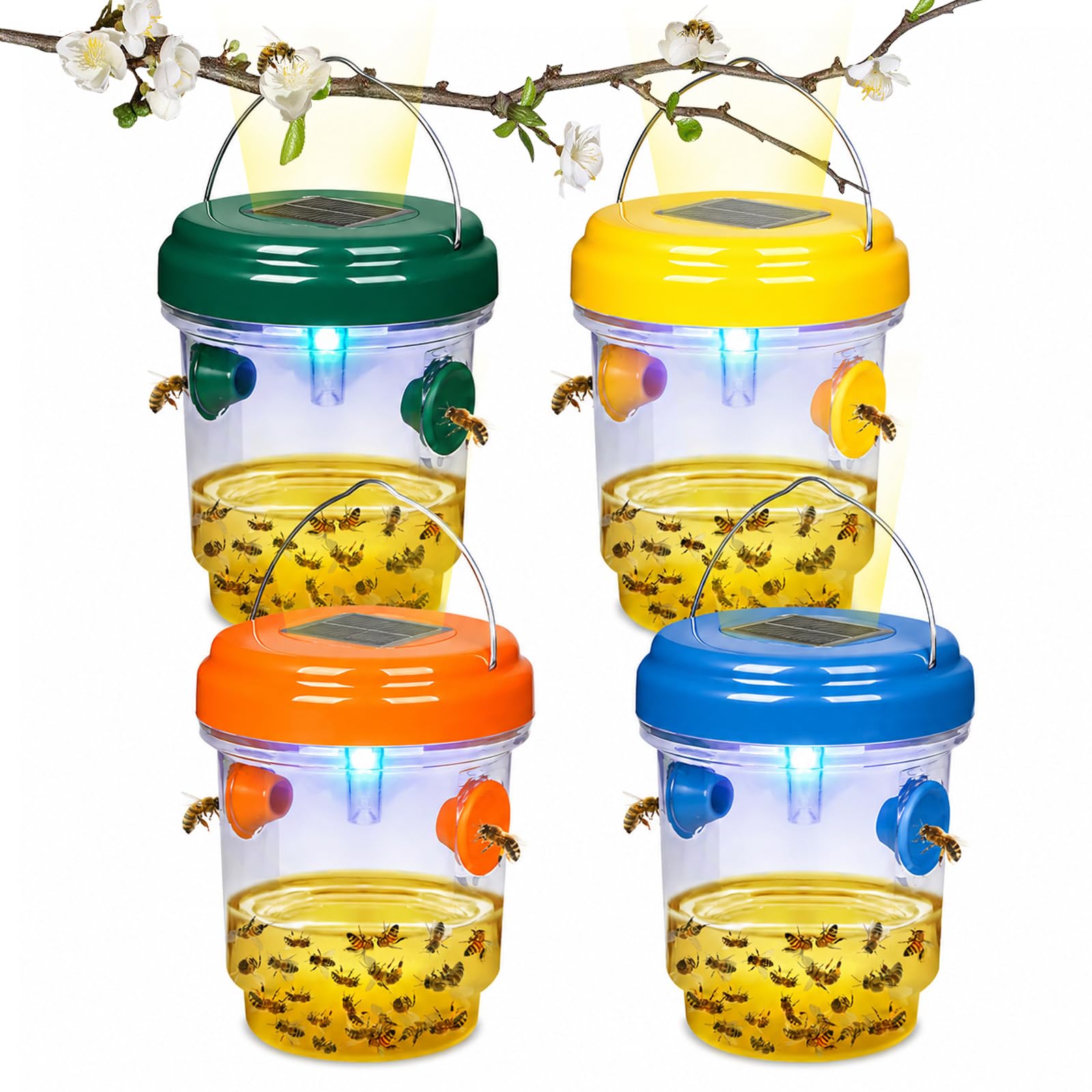 4Pack Wasp Trap, Solar Wasp Traps Outdoor Hanging, Wasps Catchers for The Garden, Reusable Yellow Jacket Repellent & Hornet Bait with UV LED Light Dual Entry Tunnels for Patio (Mix Colors（4Pcs）)