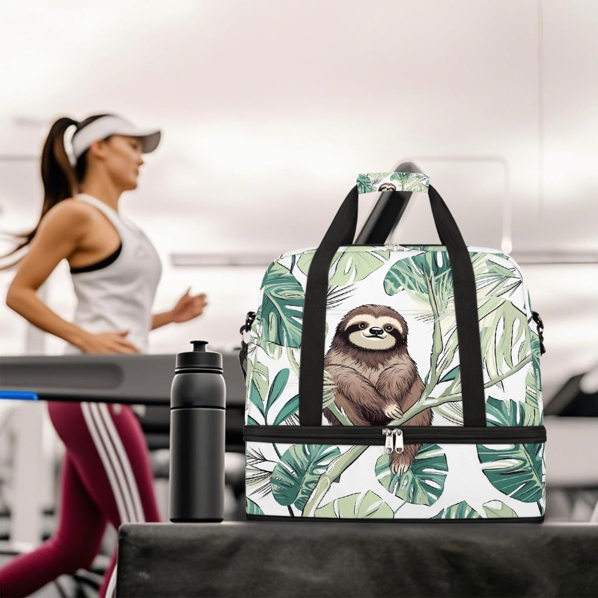 Borsone da viaggio pieghevole con foglie di palma bradipo, borsa da palestra espandibile con scomparto per scarpe, borsa da weekend di grande capacità, borsa da portare con sé, per viaggi, sport
