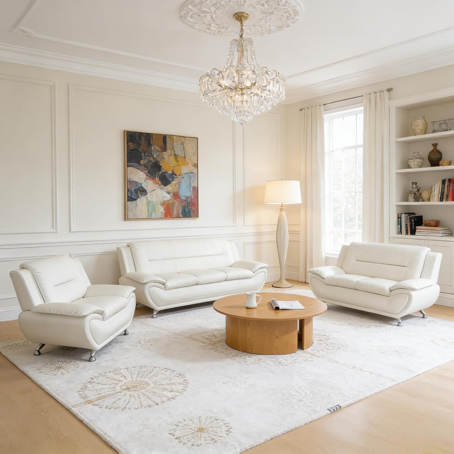 Faux Leather Sofa Set for Living Room, Modern Living Room Furniture Set, 3 Pieces Couch Set with 3-Seater Sofa, Loveseat and Armchair (Cream White)