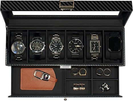 Watch Box foe Men, 6 Slots Watch Case with Glass Lid, Double Watch Holder with 1 Wrawer for Rings, Cufflinks,Black-Black