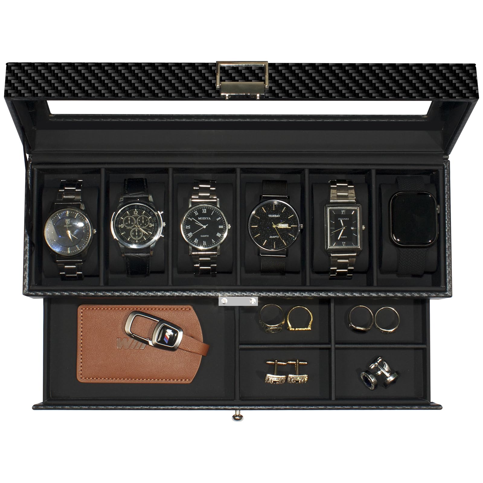 ITNXVKGES Watch Box foe Men, 6 Slots Watch Case with Glass Lid, Double Watch Holder with 1 Wrawer for Rings, Cufflinks,Black-Black