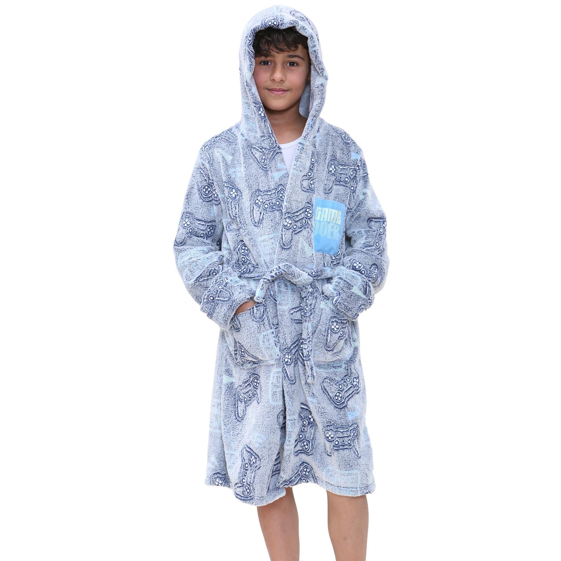 A2Z 4 KidsGirls Boys Luxury Fleece Plush Fabric Hooded Robe Glow in The Dark Dressing Gown Game Controllers Print Navy Robe Super Soft Robe Gift for Children Girls Age 2 to 13 Years