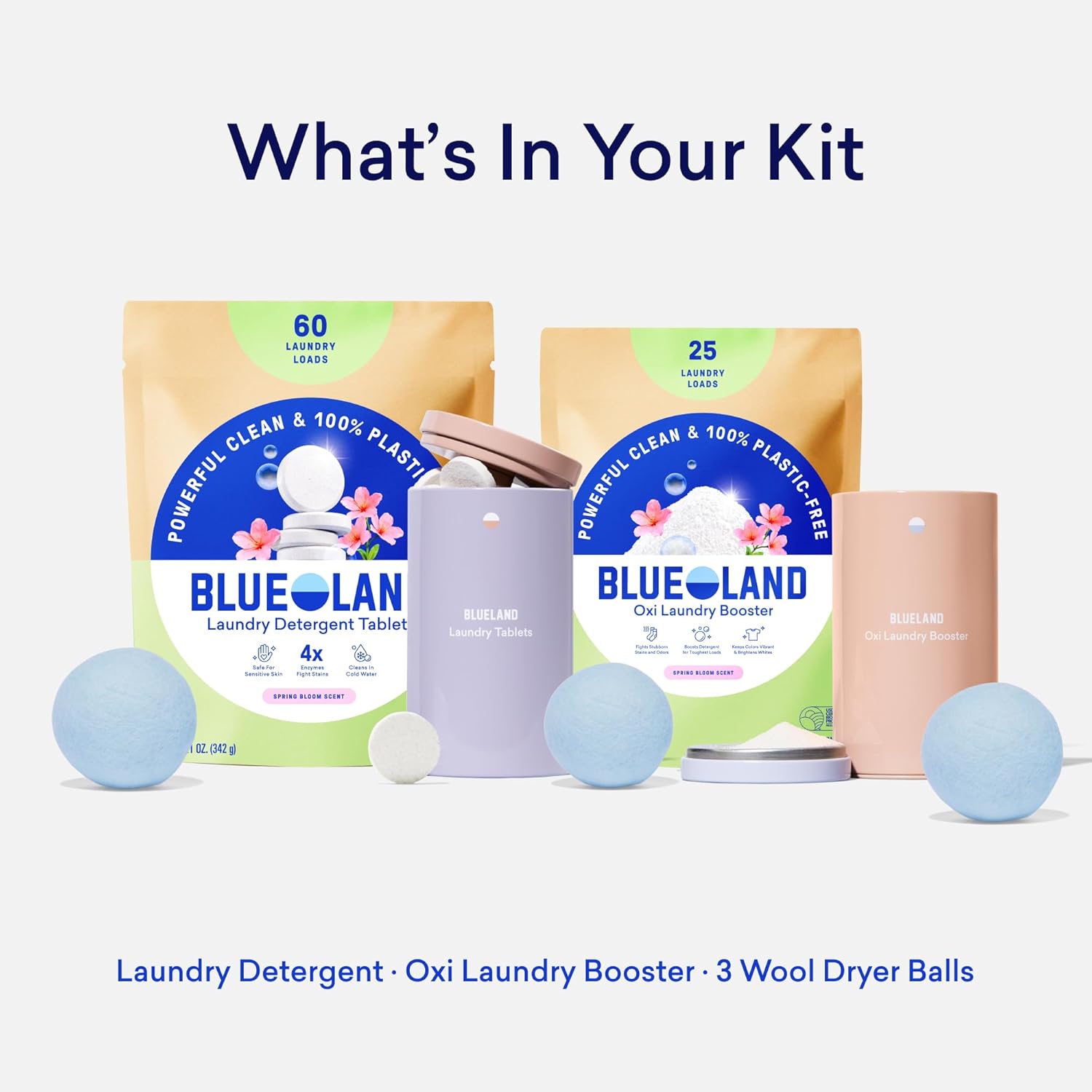 BLUELAND Laundry Essentials Kit, Spring Bloom - Plastic-Free Laundry Detergent Tablets, Oxi Booster, and Reuseable Natural Wool Dryer Balls - Image 2