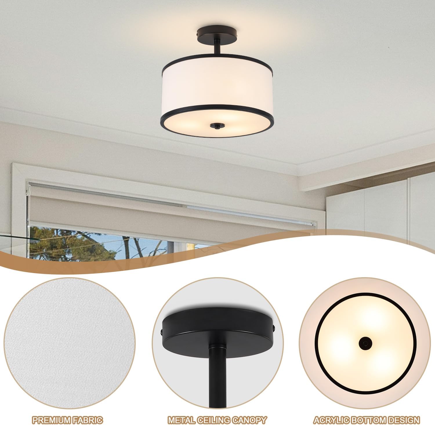 BUXVRCS Semi Flush Mount Ceiling Light Fixture, 3-Light Drum Lighting Fixtures, Hallway Light Fixture Ceiling Mount with Fabric Shade, Close to Ceiling Light for Bedroom Bathroom (Black)