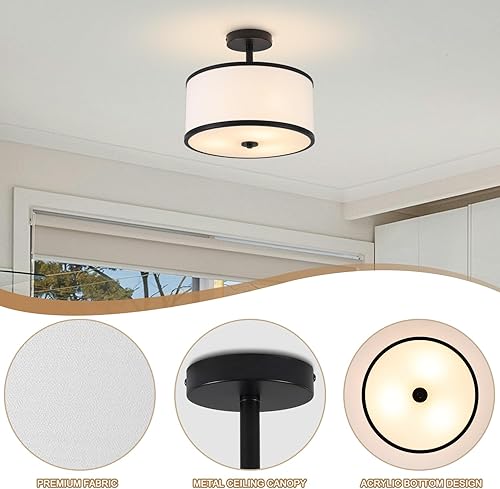 Vista 2 de BUXVRCS Semi Flush Mount Ceiling Light Fixture, 3-Light Drum Lighting Fixtures, Hallway Light Fixture Ceiling Mount with Fabric Shade, Close to