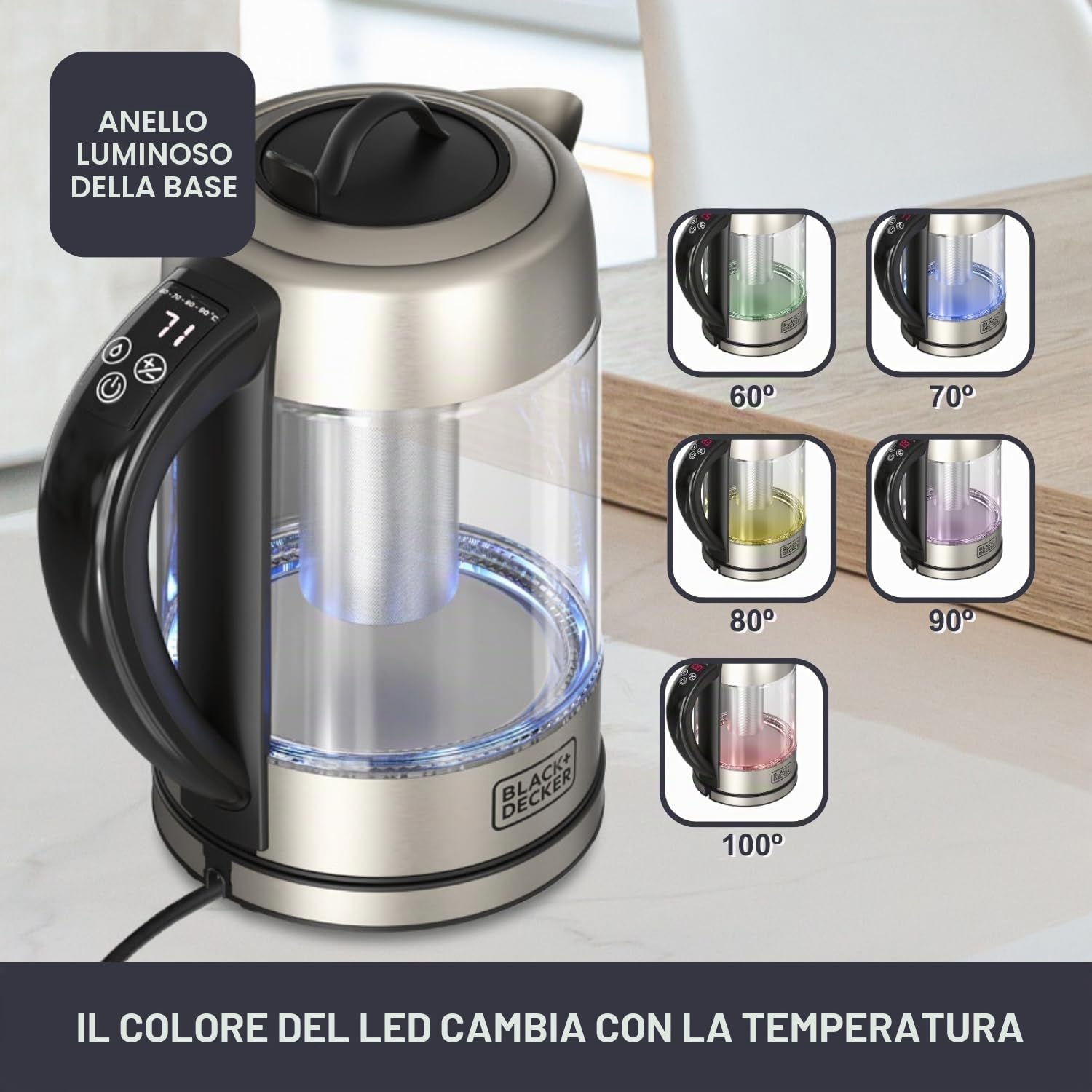 BLACK+DECKER - Bollitore Elettrico 2200W | Vetro 1,7 L | Bollitura Rapida | Selettore Digitale 60-100°C | LED | Filtro Acciaio Inox | Rotazione 360° | Coperchio Ermetico | Senza BPA