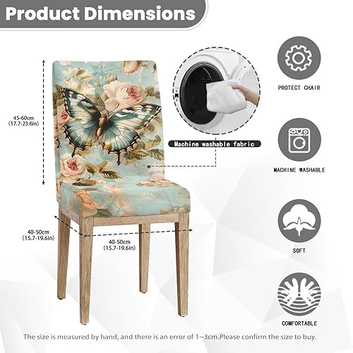 Miniatura 5 de HUGS IDEA Juego de 6 fundas de asiento con diseño de mariposa para sillas de comedor, diseño de rosa vintage, extraíbles y lavables, fundas para