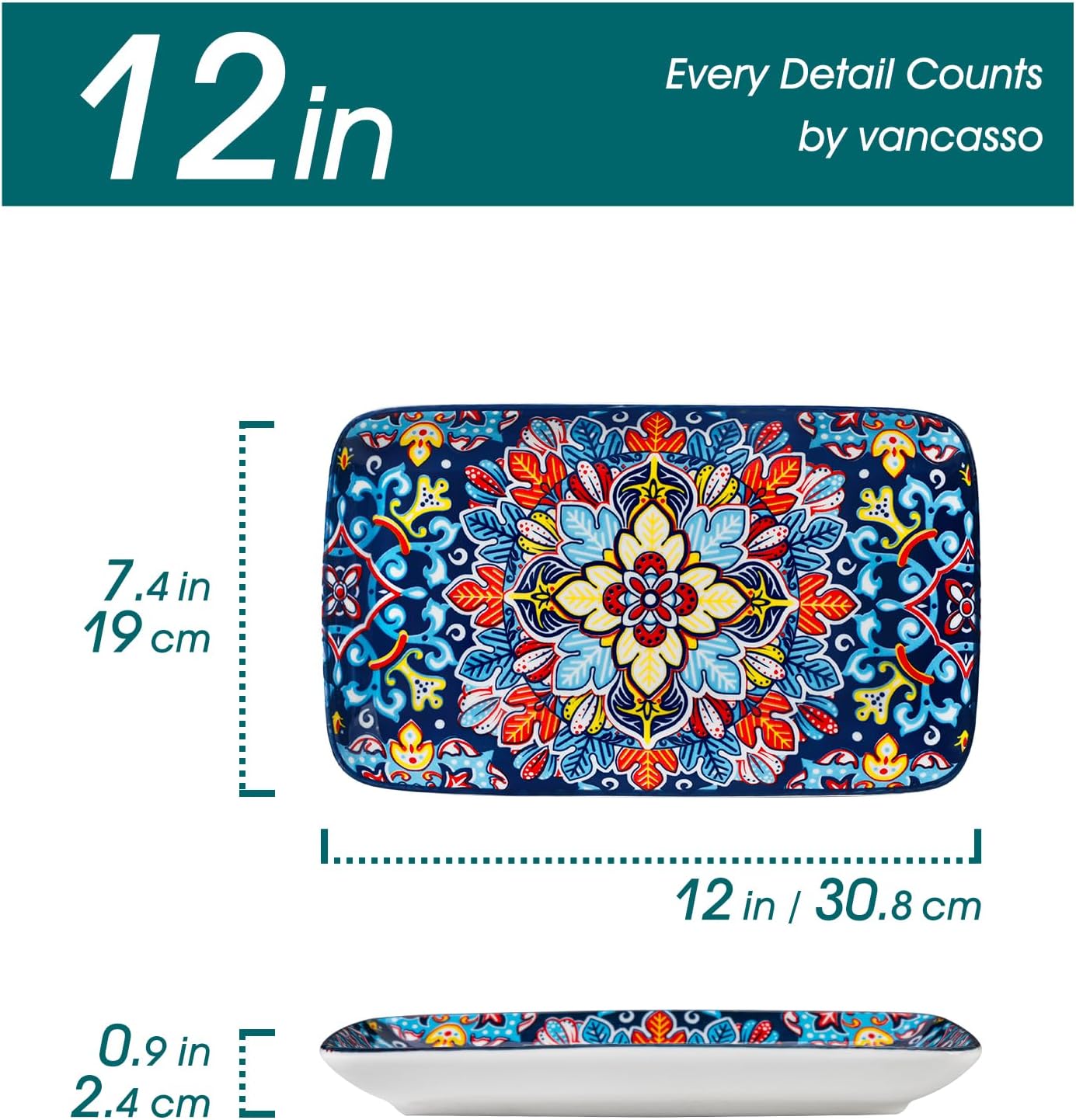 vancasso Serving Platters Set of 4, 12" x 7.4" Inch Rectangular Trays - Large Serving Dishes for Entertaining Food, Bohemian Ceramic Serving Trays for Party, Microwave & Dishwasher Safe, Vintage - Image 3