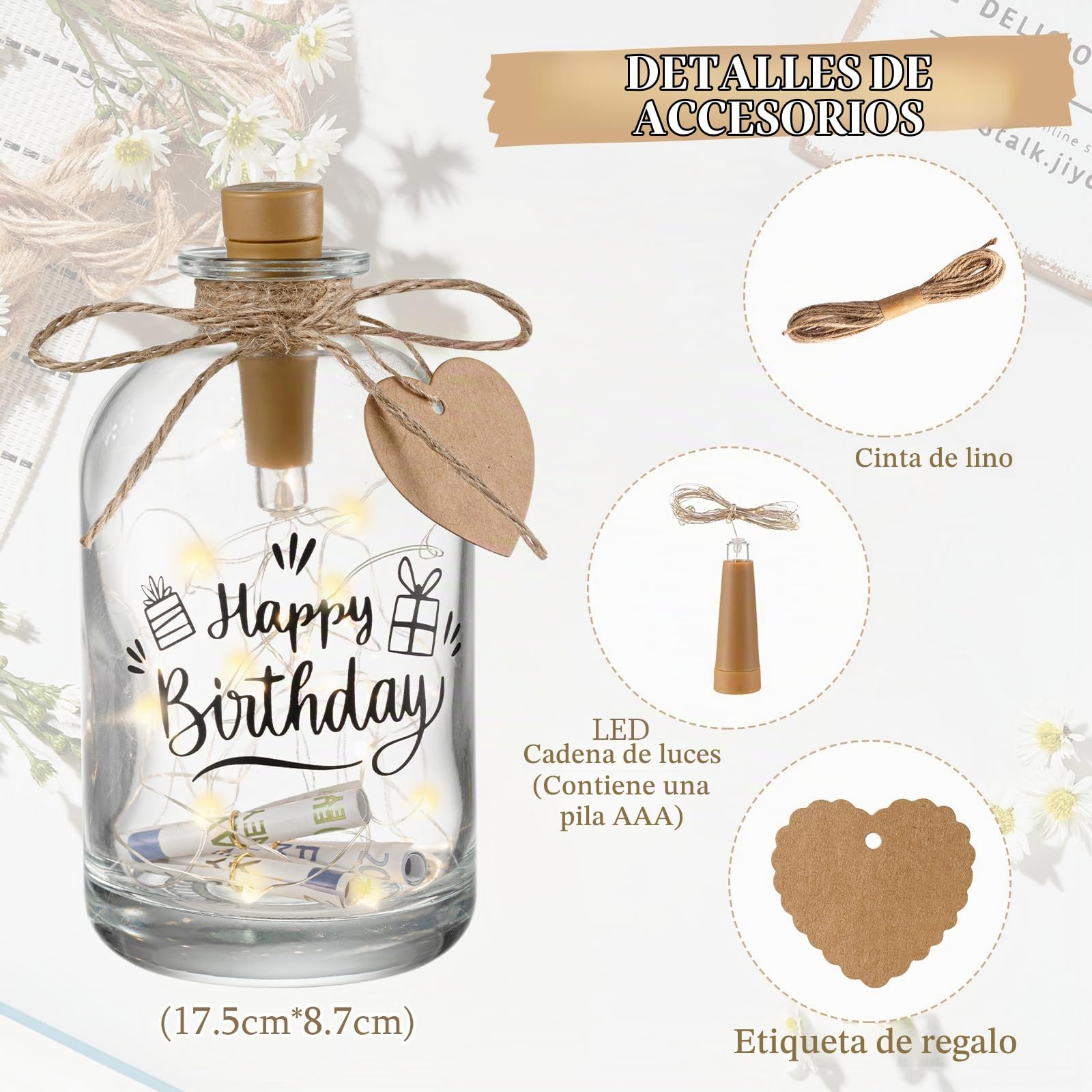 BBTO Regalos de Dinero de Cumpleaños Luz LED Botella con Texto Happy Birthday Botella Decorativa Iluminada Regalo Embalaje de Dinero para Cumpleaños Navidad
