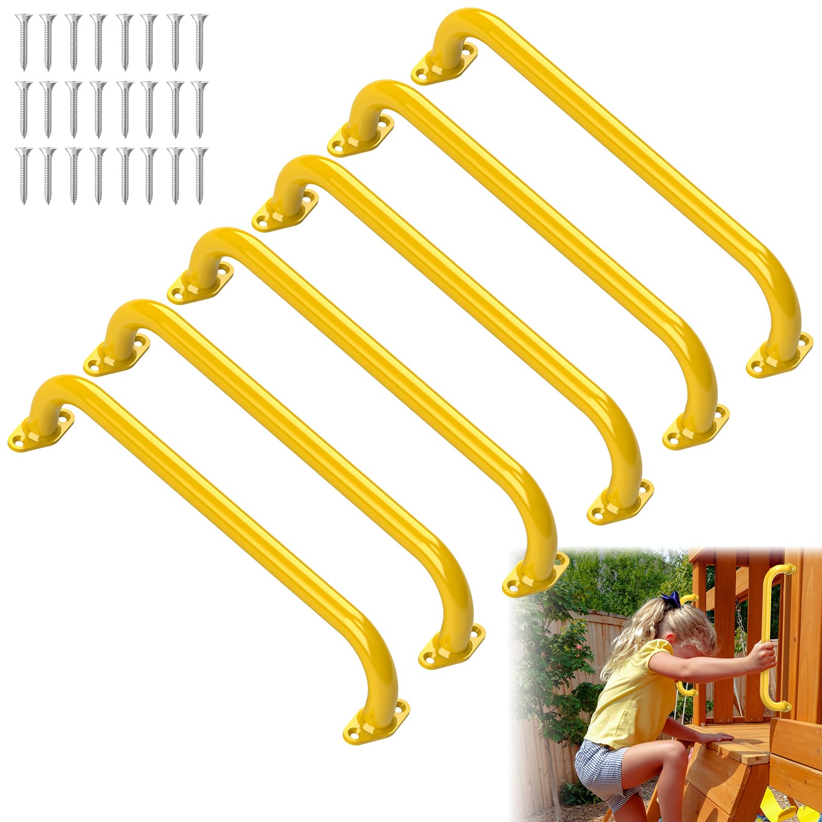 Photo 1 of 17.3 Inch Safety Playground Handles Metal Kids Indoor Outdoor Climbing Monkey Bars Swing Set Accessories Grab Handle Playset Hand Grips for Playhouse, Treehouse, Jungle Gym (Yellow, 6 Pack)
