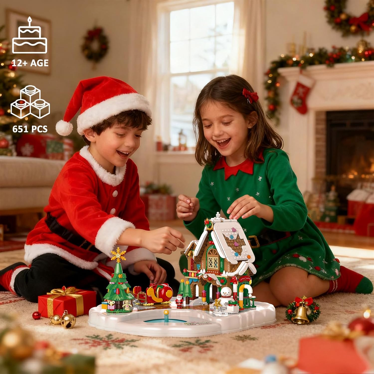 Magnetic Christmas Gingerbread House Building Set - 651 Pcs Dynamic Model with Music, Rotating Tree & Moving Snowman - Magnetic Santa Claus for Interactive Play Christmas Decor Gift