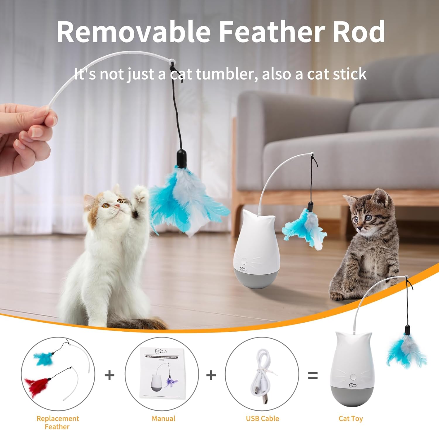 DOEL Cat Toys Interactive for Indoor, Rechargeable Automatic Rotating Feather Wand Toy, Tumbler Design, Electric Fun Tracker Exercise Gift, Stimulate to Chase and Hunting, for Bored Cats Kitten