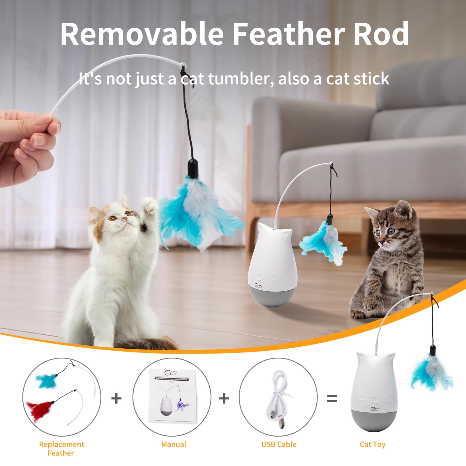 DOEL Jouets interactifs pour chats d'intérieur ennuyés avec 2 modèles, rechargeable automatique en plumes, design gobelet, cadeau d'exercice électrique, stimulation mobile pour chasser et chasser