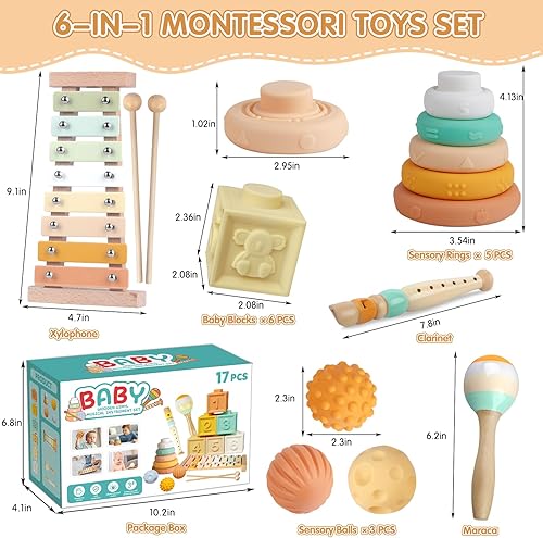 Miniatura 7 de Juguetes Montessori para niños de 6 meses y 1 año 6 en 1, instrumentos musicales para niños pequeños, apilables, desarrollo de bloques, juguete