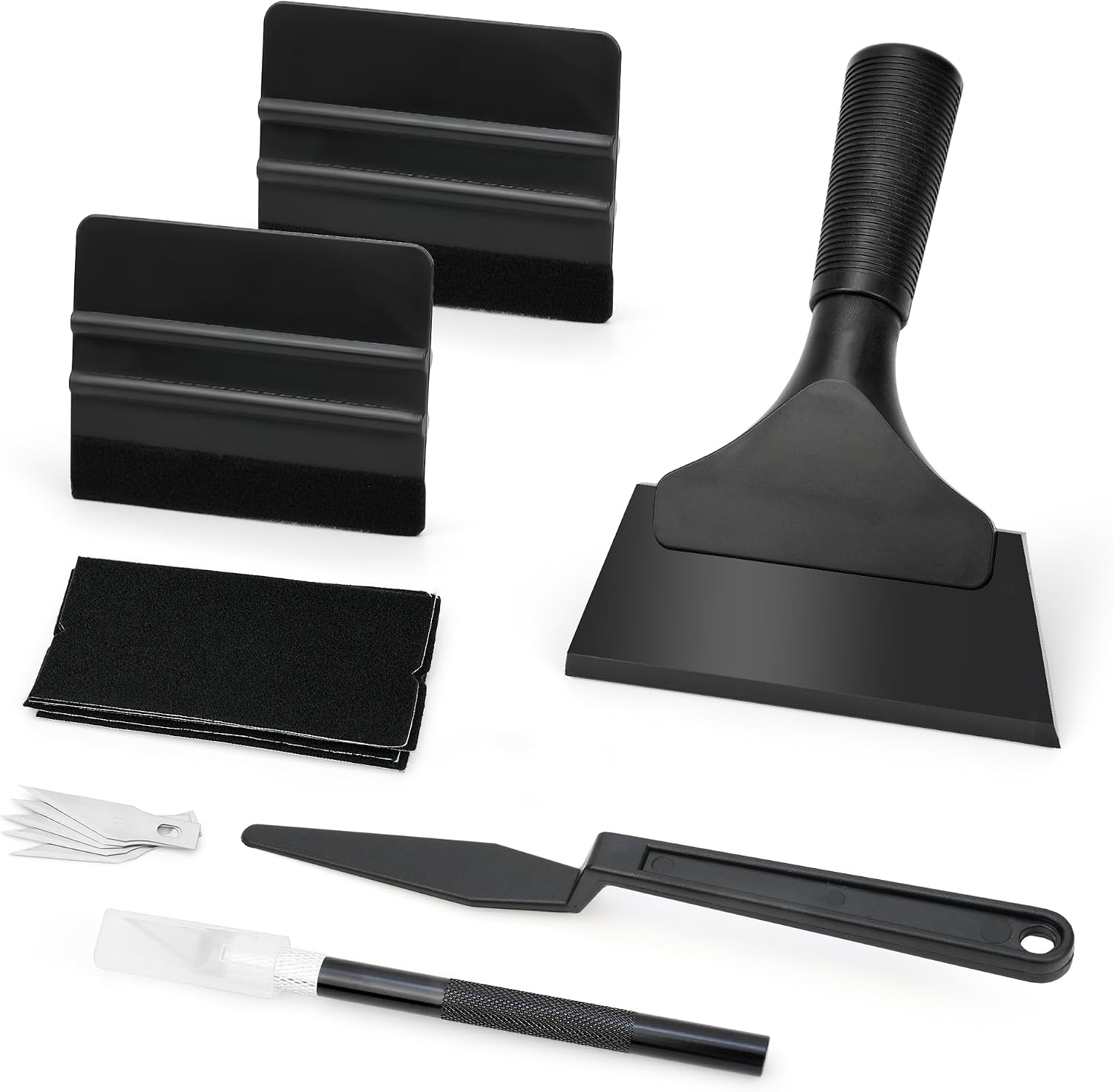 Black Window Tint Vinyl Wrap Kit - Car Film Application Tools with Felt Squeegee, Rubber Wiper, Shank Tucker & Precision Knife - for Auto Wraps, PPF, Wallpaper, Glass Privacy Film