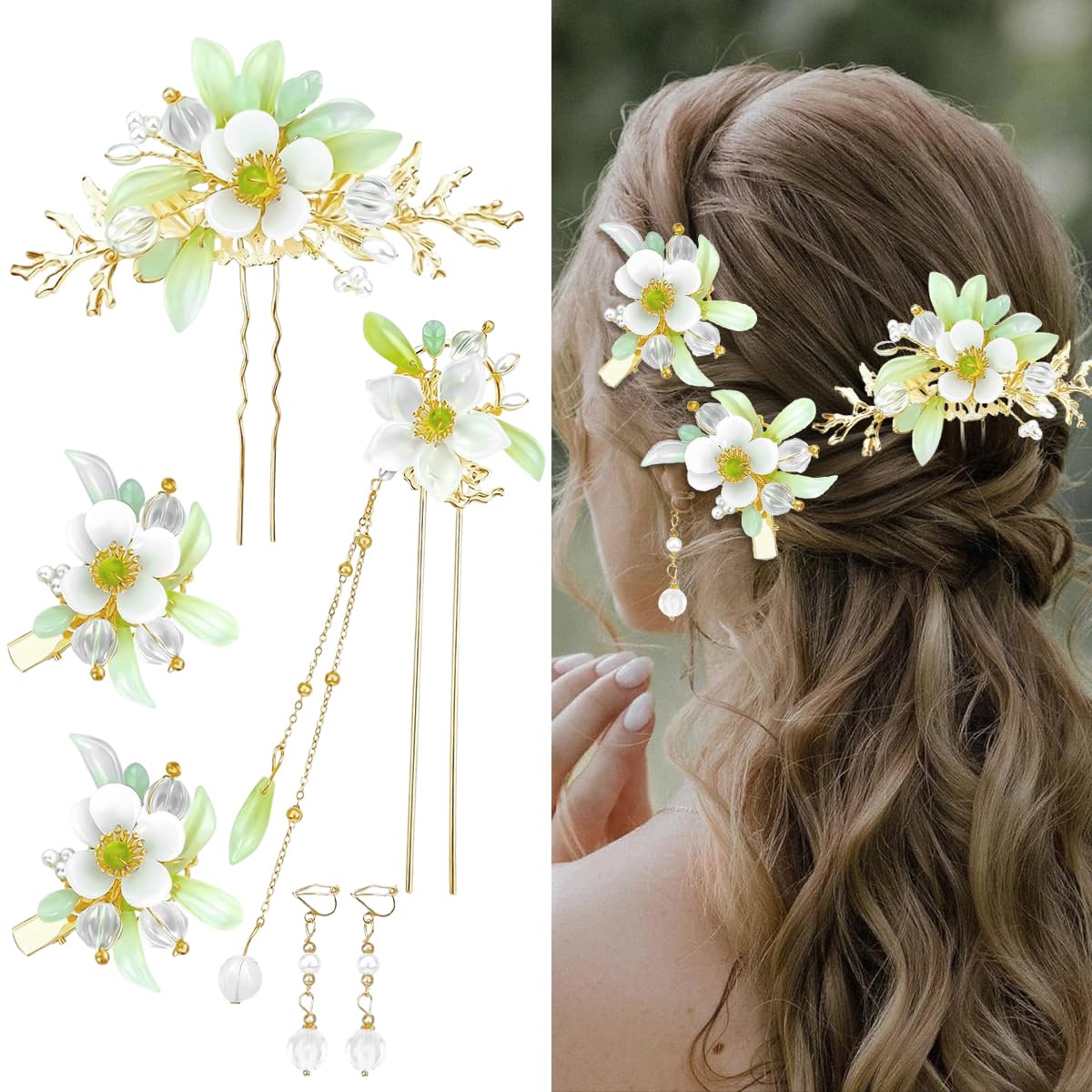 SANNIDHI® Juda Hair Pins for Hair Styling, 5Pcs Floral Bun Hair Pins for Woman, Tassels U Pin Hair Pieces Set for Women Girls, Elegant Flower Hairpins Jewelry Braids Bun Accessories for Wedding Party