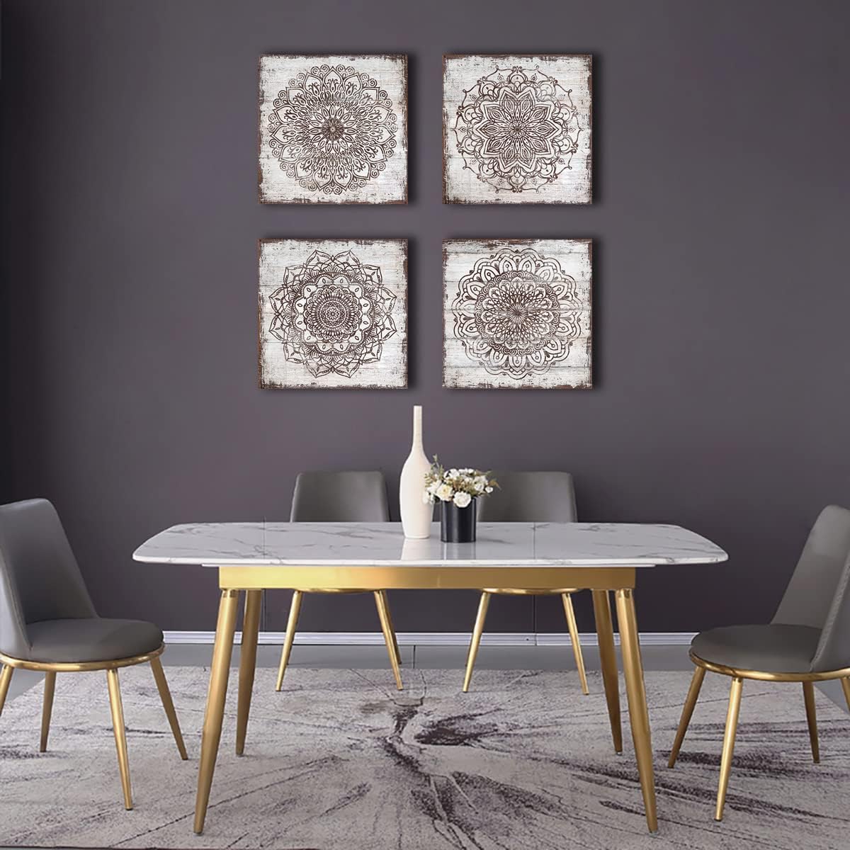 Vintage Flower Pattern Canvas Wall Art for Bedroom Wall Decor Rustic Bohe Floral Pictures Rust Geometric Wood Planks Canvas Prints Artwork for Bathroom Office Home Decoration 12" X 12" X 4 Pieces