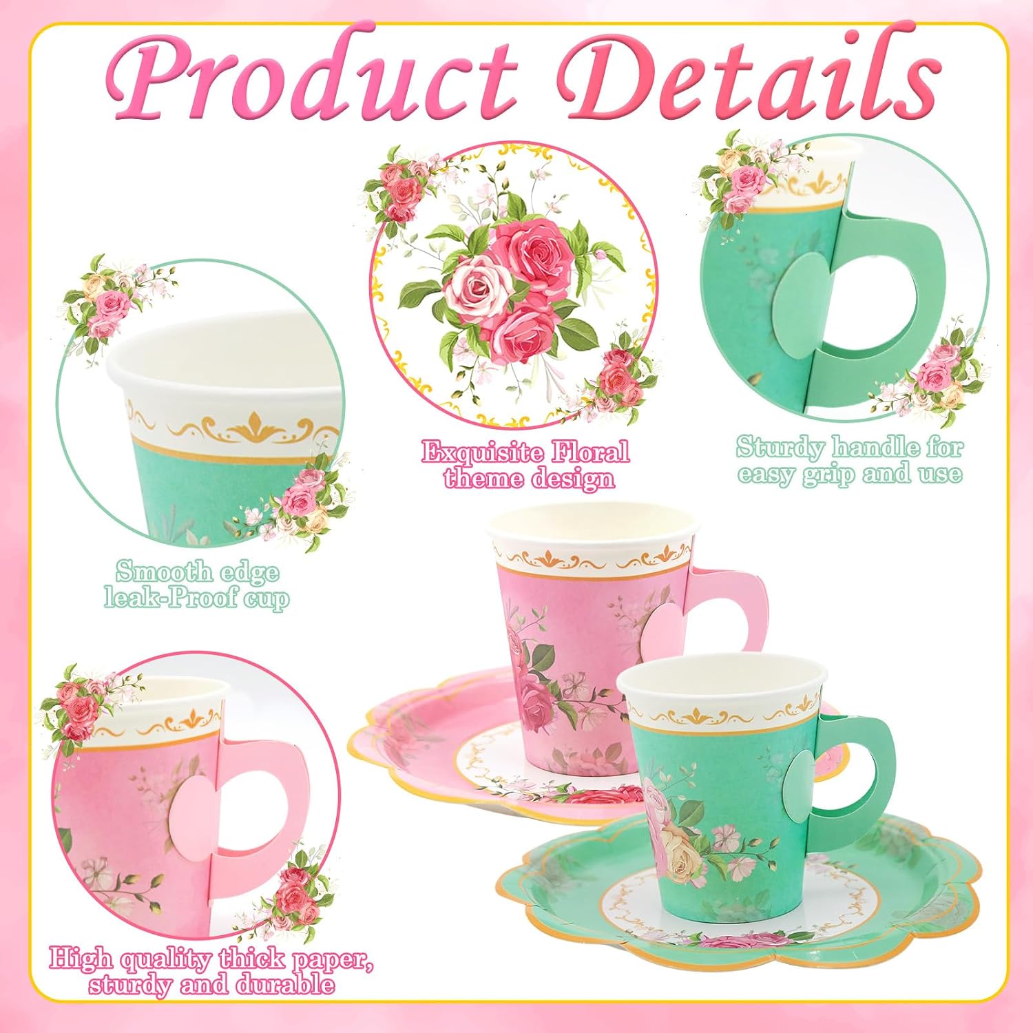 200Pcs Floral Tea Cups and Saucers for Tea Party Supplies, Disposable Tea Cups with Handle and Paper Napkins Dinnerware for Floral Theme Birthday Wedding Bridal Shower Baby Shower（Pink Green）