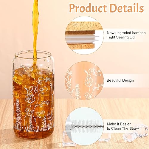 Miniatura 3 de Bokon 3 tazas de café helado floral de Navidad con tapas y pajitas de bambú de 16 onzas, regalo de Navidad, taza de vidrio de flores silvestres para