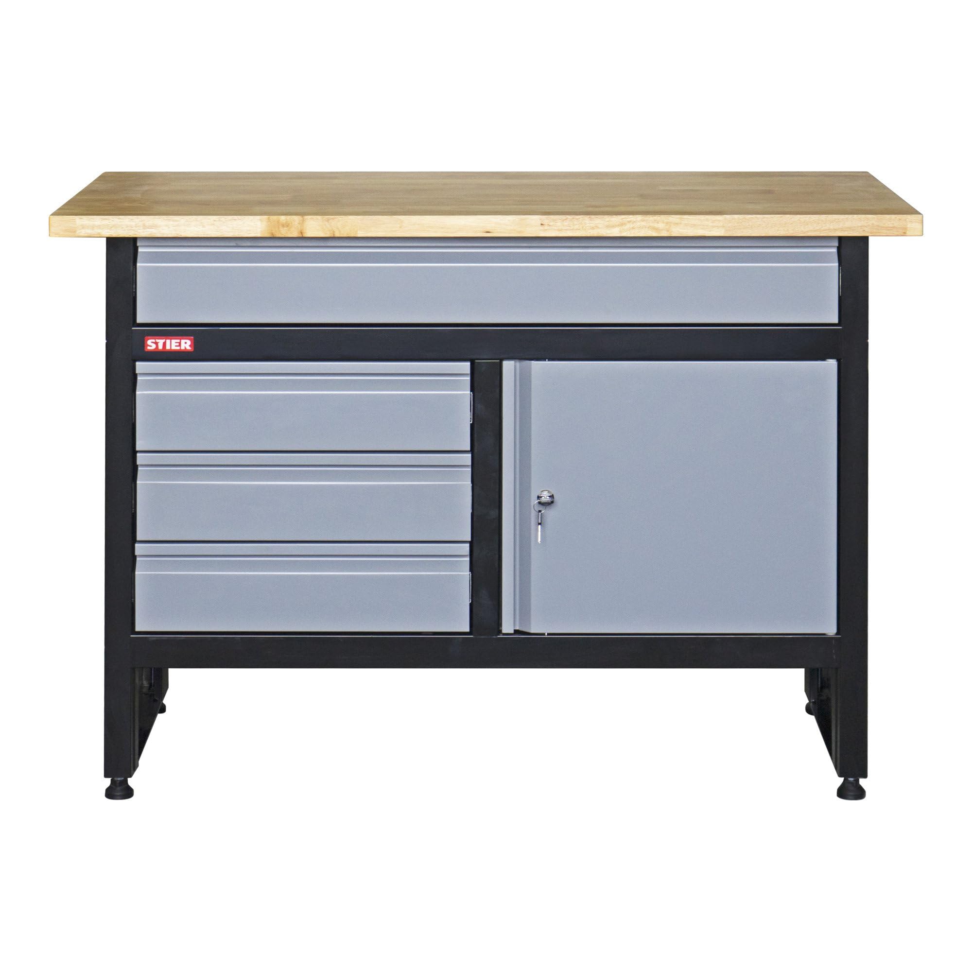 STIER Werkbank Basic, 4 Schubladen, Belastbarkeit 300 kg, BxTxH 1200x600x840 mm, mit Pulverbeschichtung