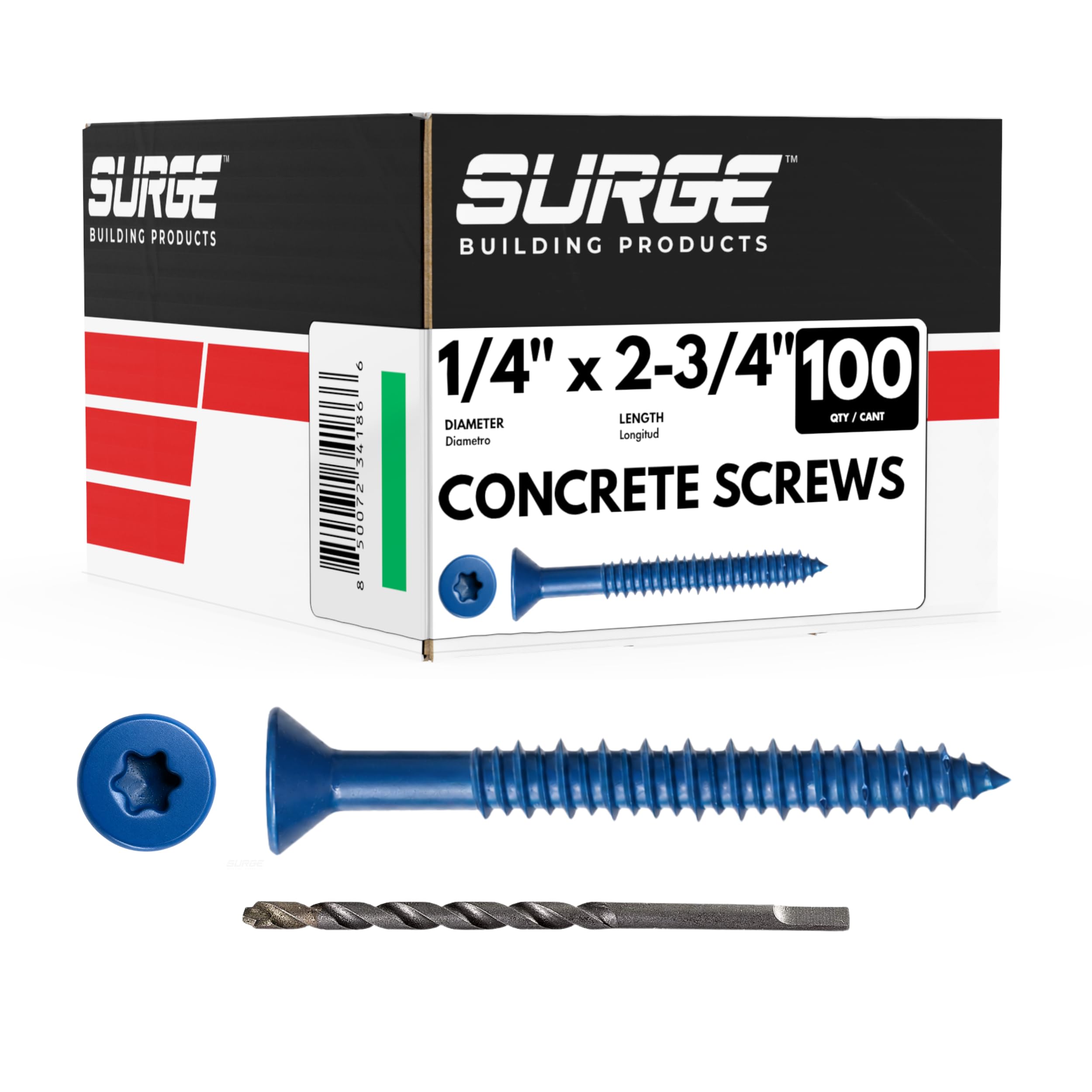Tornillos de hormigón azules de cabeza plana de 1/4 x 2-3/4 pulgadas con broca (caja de 100)