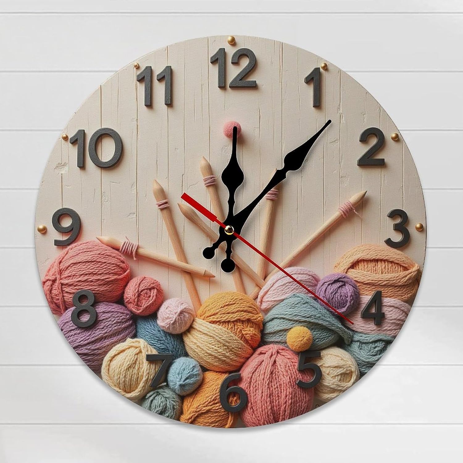 Yarn and Knitting Needles on Clock 2D 12 Inch Silent Wall Clock, Frameless Wooden Round Clock with Quartz Movement for Bathroom, Kitchen, Living Room, Bedroom