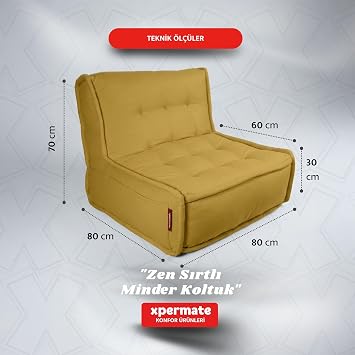 Xpermate Sırtlı Pofidik Minder Koltuk Yer Koltuğu Sırt Destekli Oturma Minderi 80x60 Yıkanabilir Fermuarlı Hardal