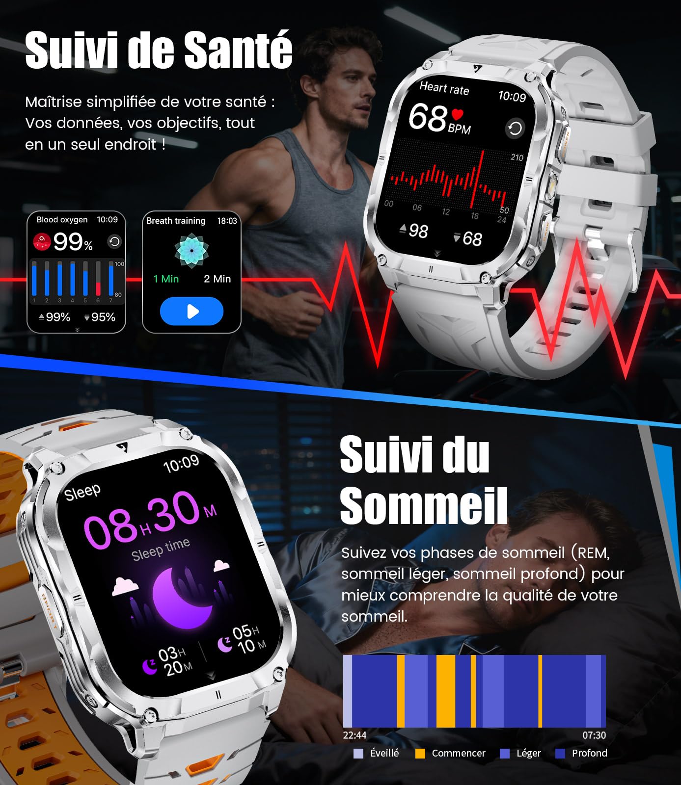 LIGE Montre Connectée Homme avec 1000mAh/2.0'' HD Grand Écran/LED Lampe,Smartwatch Homme avec Moniteur de Fréquence Cardiaque et Sommeil/110+ Modes Sportifs,IP68 Étanche Android iOS,Argenté