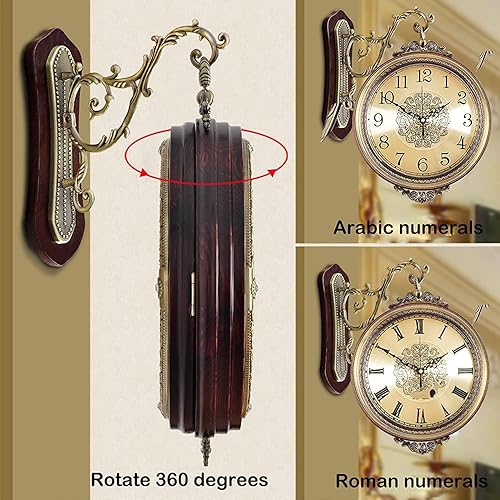 Miniatura 3 de Reloj de pared grande de doble cara, estilo europeo de aleación de doble cara, reloj de pared de metal giratorio de 360°, reloj silencioso para