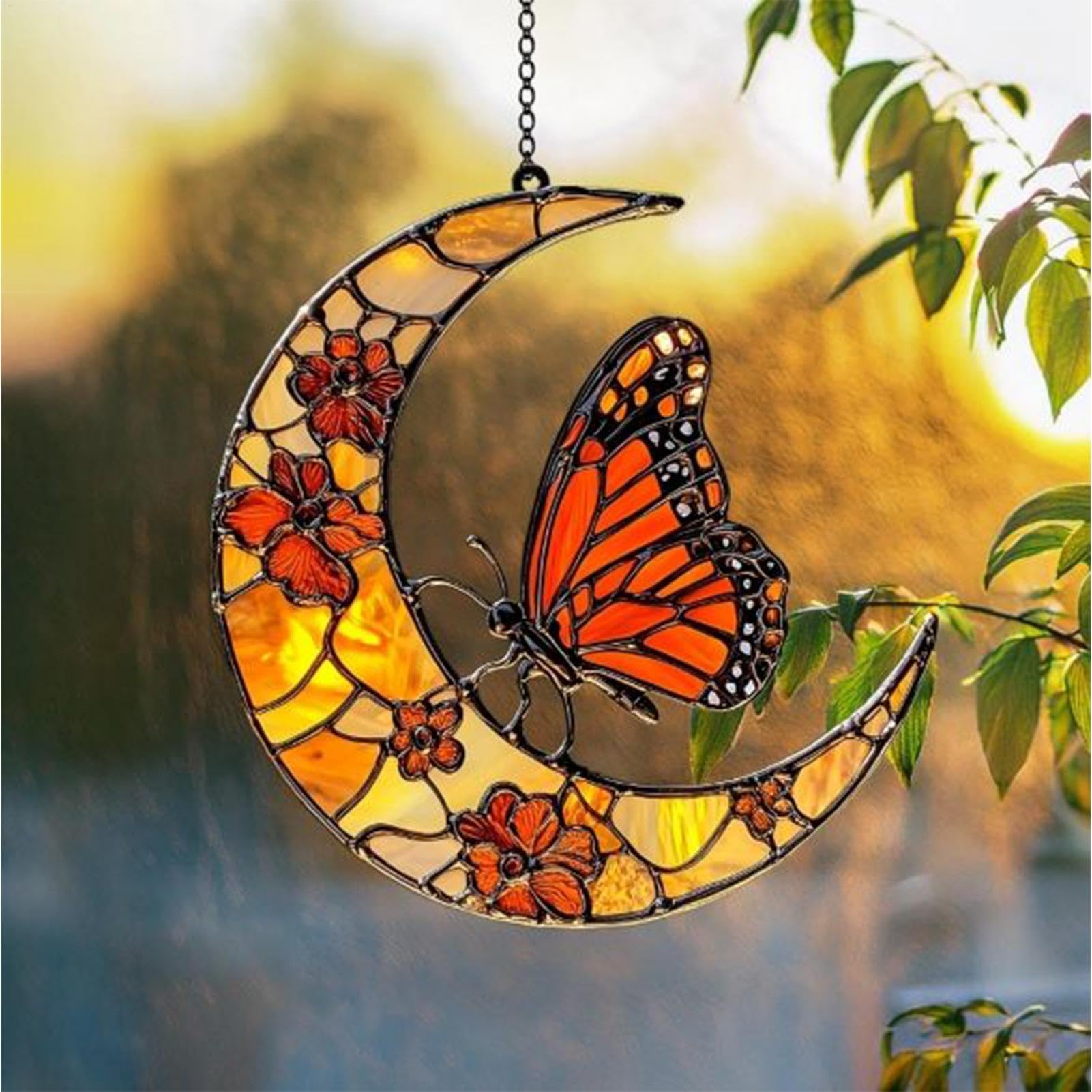 Cattador De Luna Solar, Mariposa Y Luna Solar Catcher Window Butterfly Catcher Catcher Butterfly Sun Catcher, Monarch Butterfly Y Flower Moon Ornament Para Ventana - Ornamento De Arte Acrílico Para De