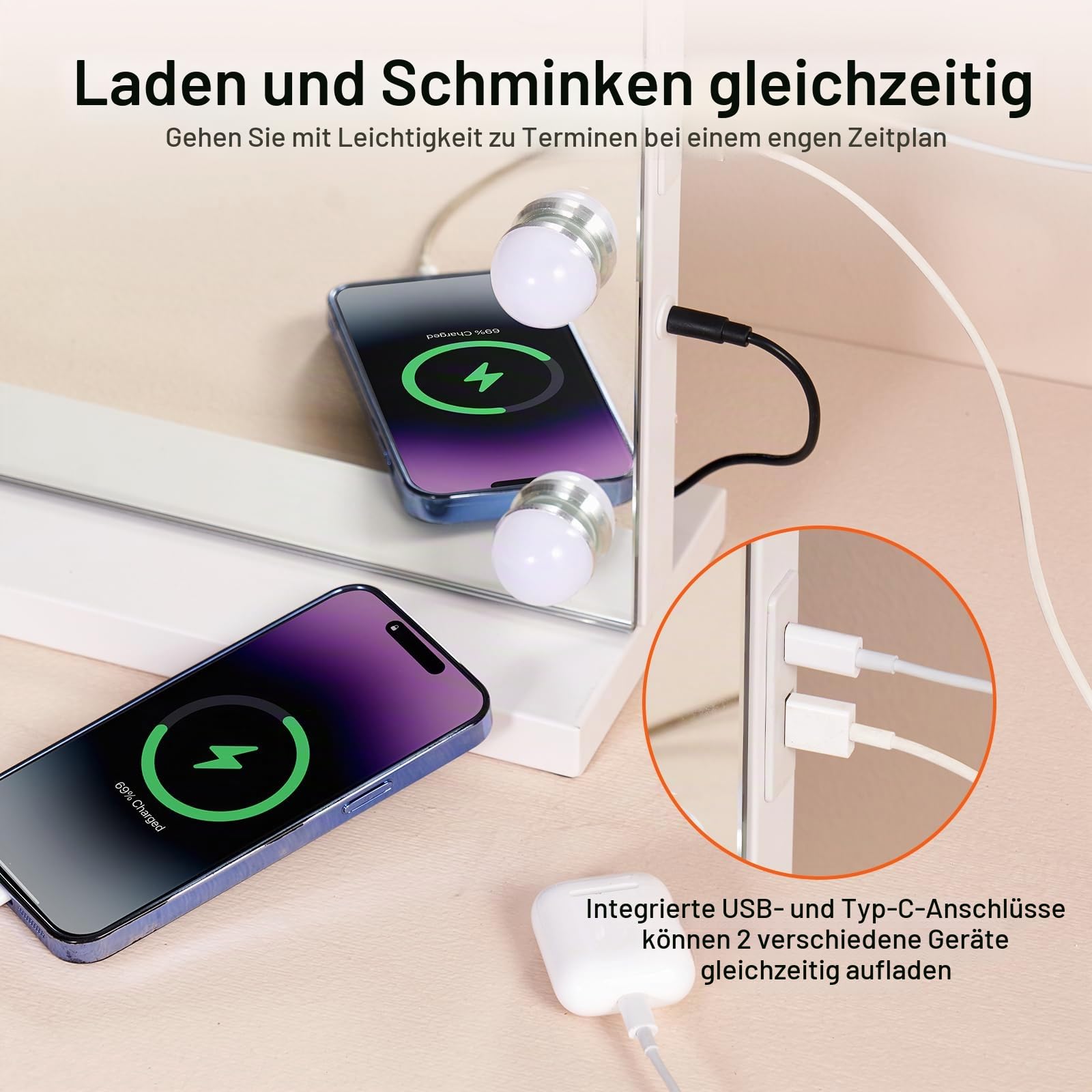 VEVOR Hollywood Schminkspiegel mit Beleuchtung, dimmbare Glühbirnen & 3 Farbbeleuchtungsmodi, Kosmetikspiegel mit Abnehmbarer 5-facher Vergrößerung, USB, Typ C, Smart-Touch-Steuerung, 791x597mm