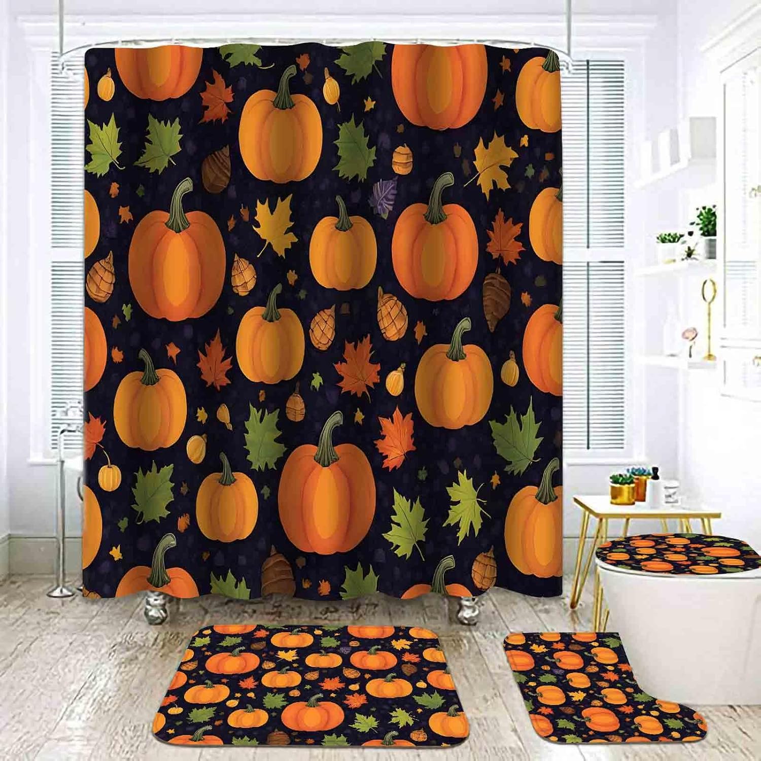 EMMTEEY Fall Shower Curtain Set for Bathroom Include Harvest Autumn Pumpkin Shower Curtain Non Slip Rugs Toilet Lid Cover Pumpkin Bath Mat and 12 Hooks for Autumn Bathroom Decor